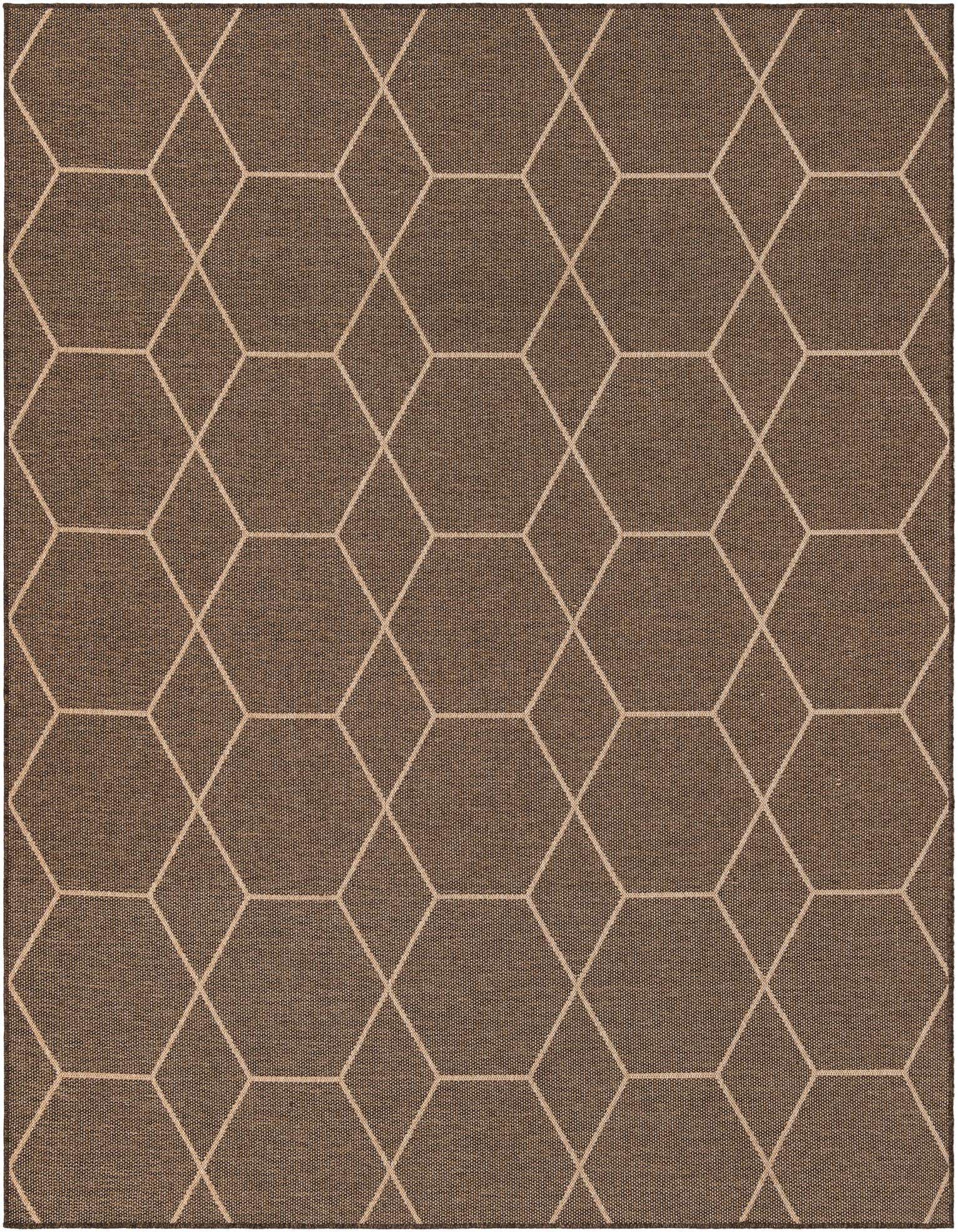 A rectangular 8x10 brown flatweave rug with a tan modern trellis pattern, suitable for an office or living room.
