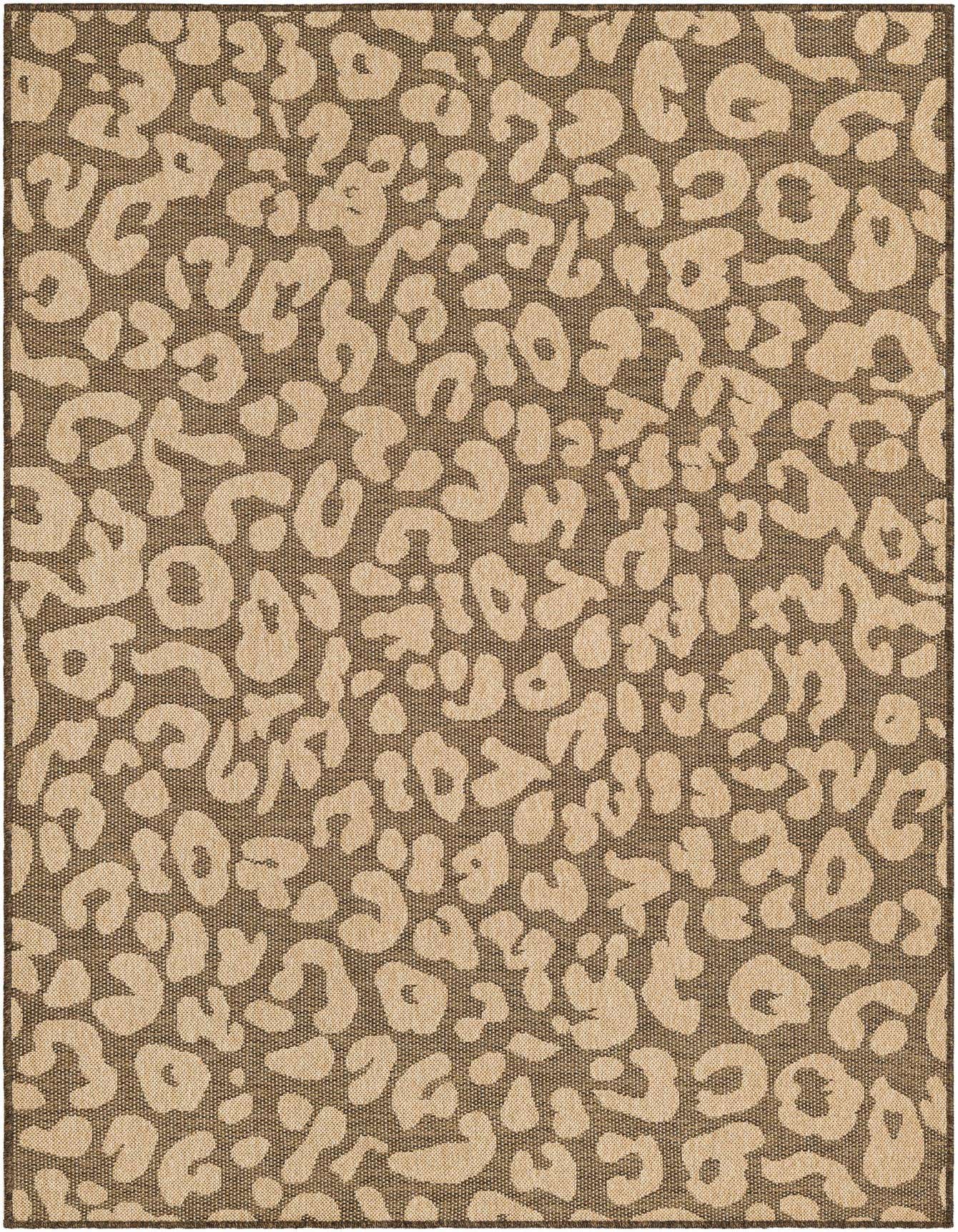 A rectangular 5x8 area rug featuring a modern, abstract leopard print pattern in varying shades of brown and tan, suitable for an entryway or living room.