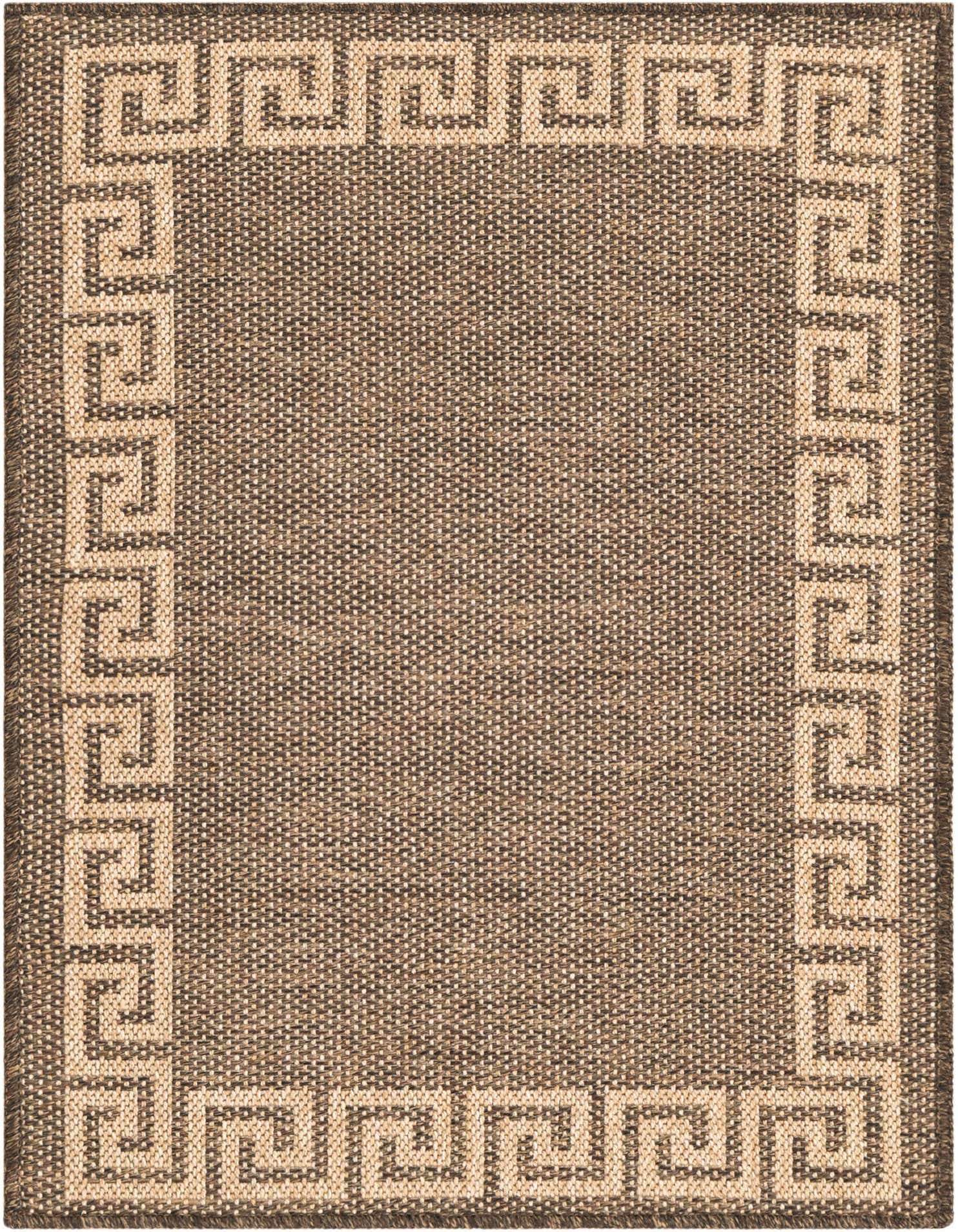 A 2x3 rectangular brown and tan flatweave rug with a Greek Key border pattern, suitable for an entryway.