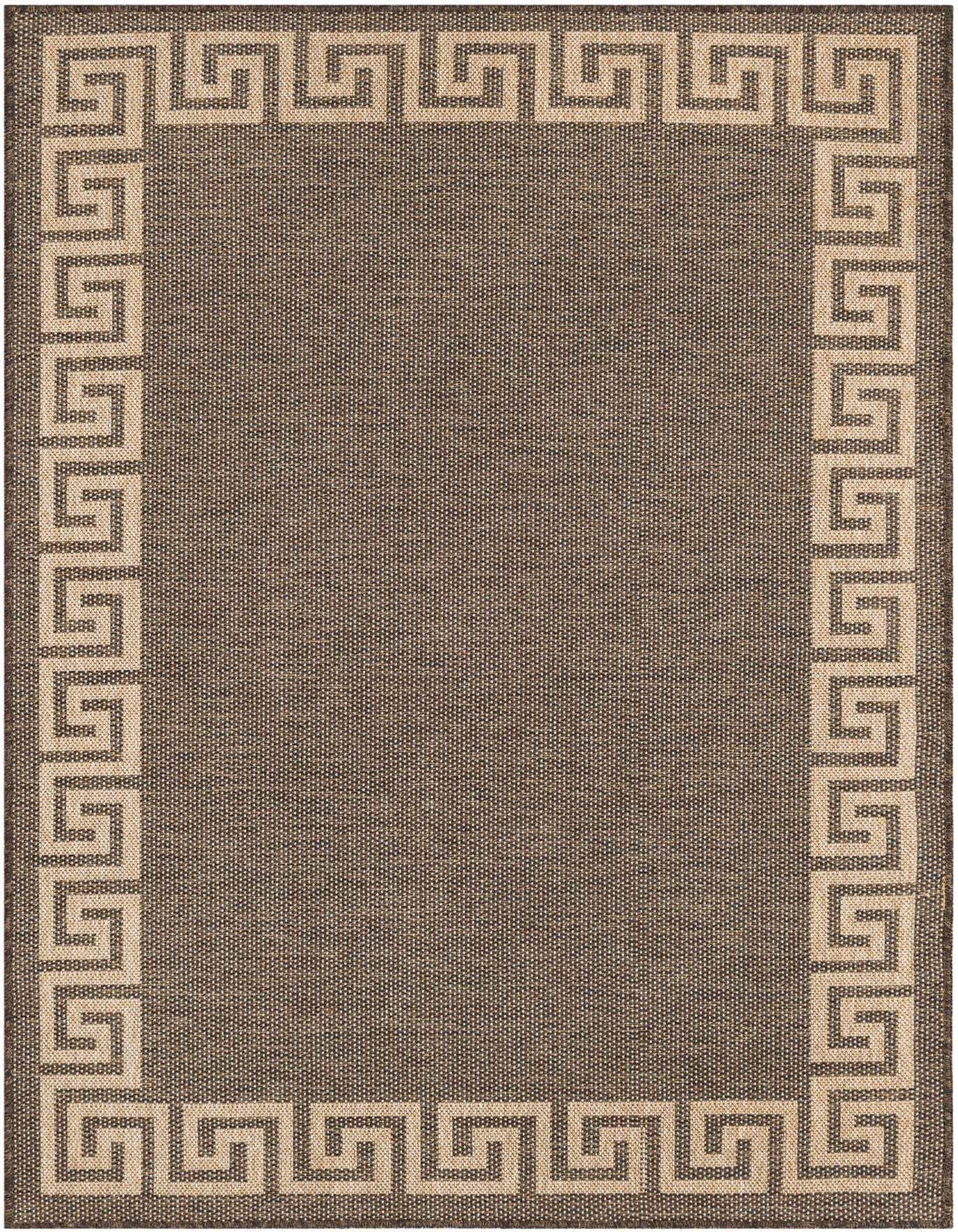 A 4x6 rectangular indoor rug featuring a solid brown field with a light tan Greek key border pattern.