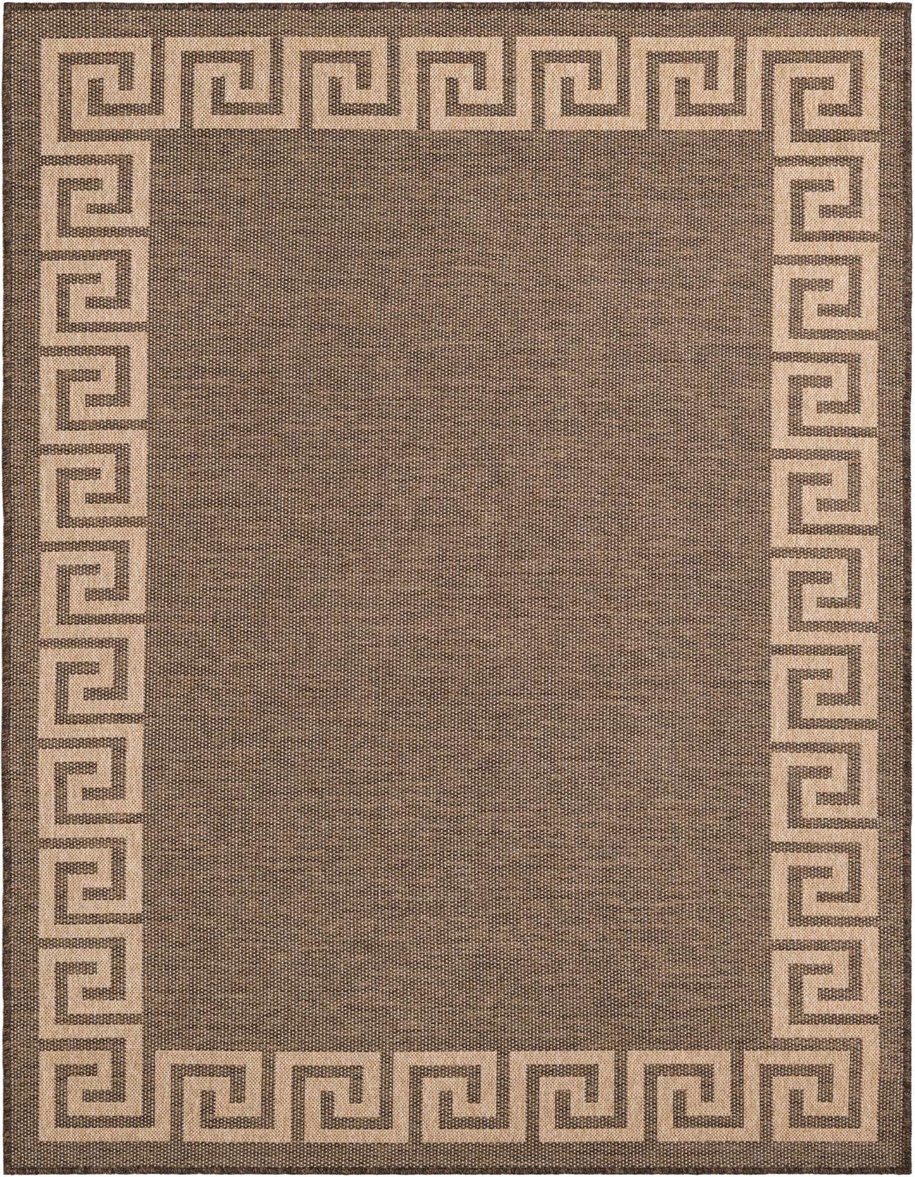 A 5x8 rectangular brown and tan indoor rug with a Greek key border pattern, featuring a flatweave texture.