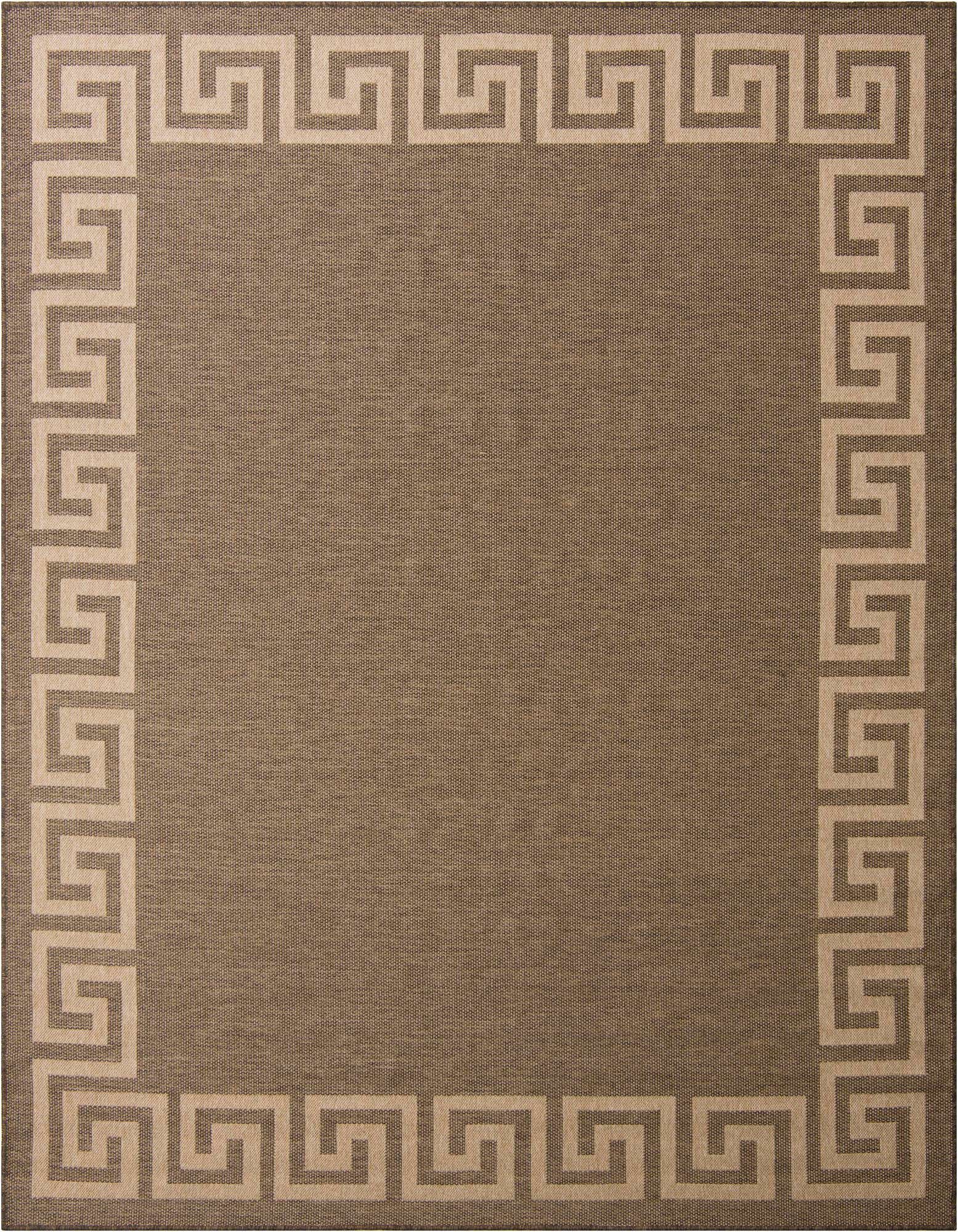 A rectangular 8x10 brown flatweave rug with a tan Greek key border pattern, suitable for an office or living room.