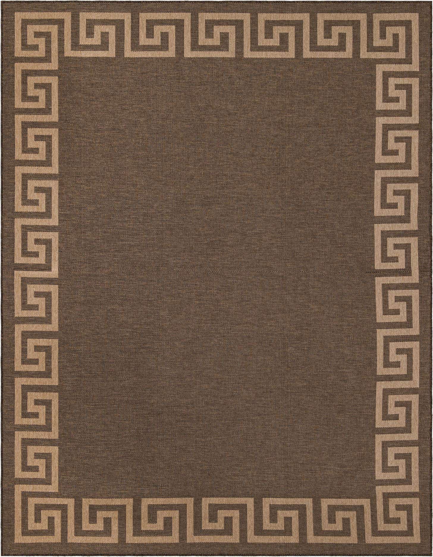 A 9x12 rectangular brown area rug with a tan Greek key border pattern, suitable for a living room.
