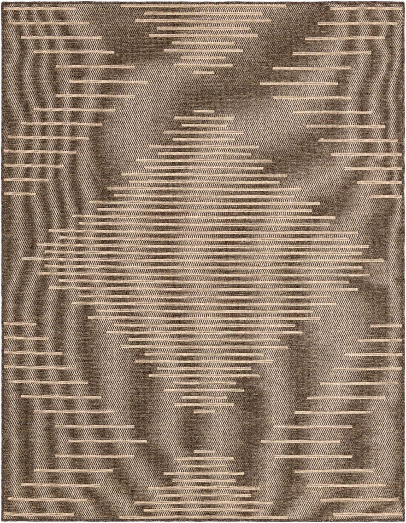 An 8x10 rectangular brown and tan modern trellis rug with a flatweave texture, suitable for a living room.