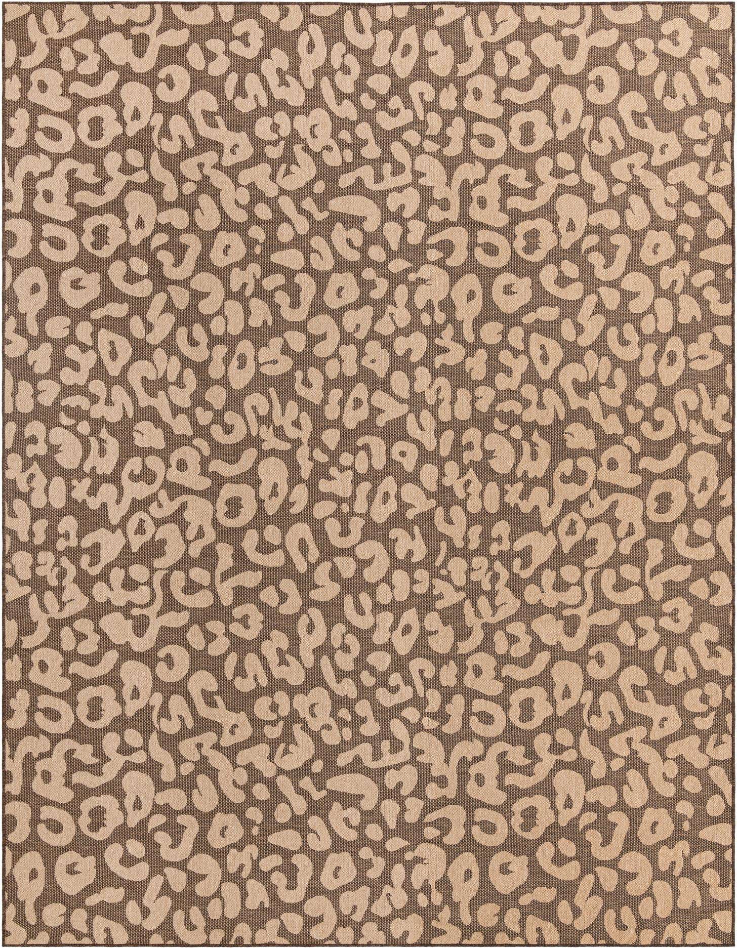 A 10x13 rectangular brown and tan area rug with an abstract leopard spot pattern, suitable for a living room or patio.