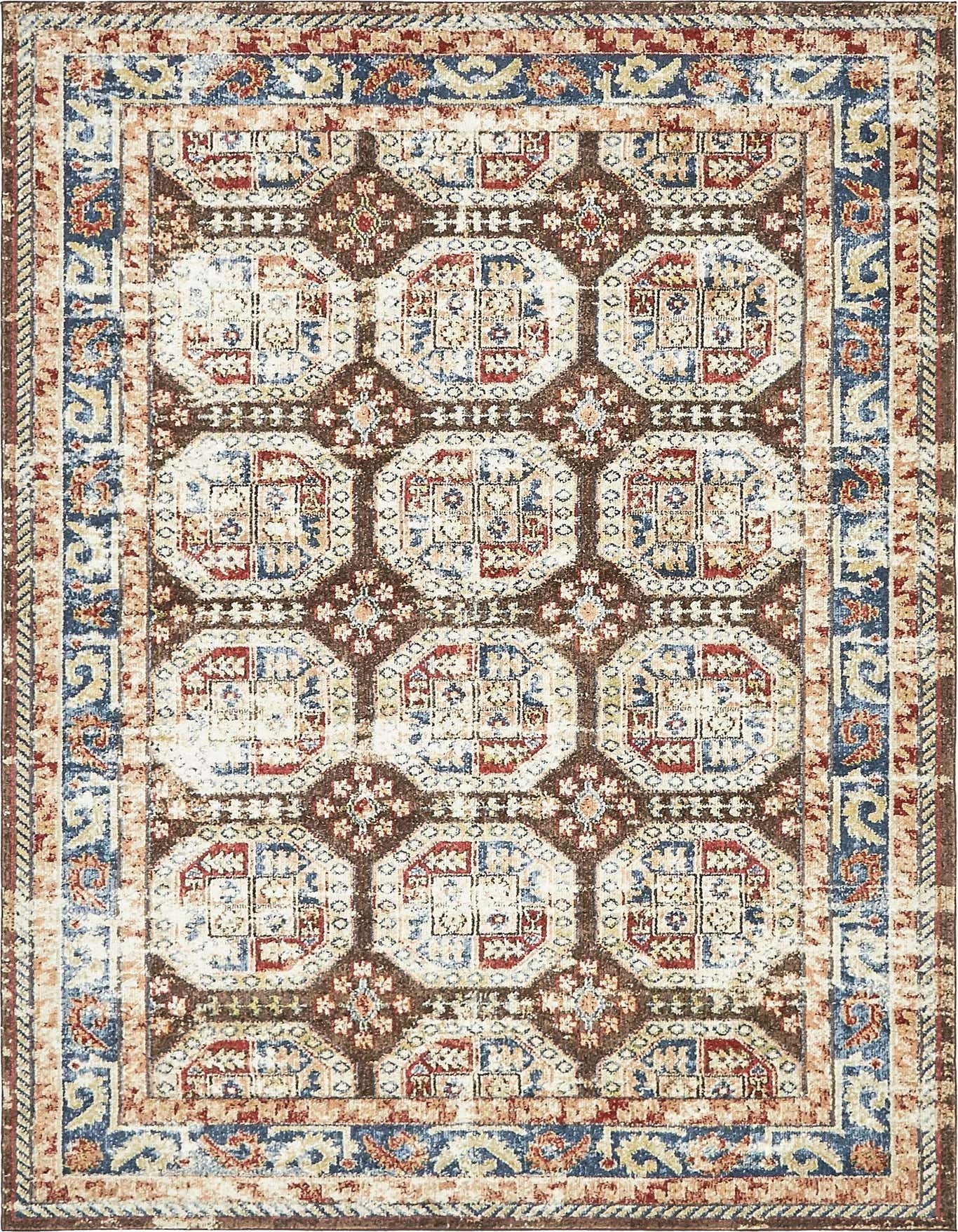 A 5x8 rectangular Eden rug from Rugs.com, featuring a distressed traditional pattern in browns, tans, blues, and reds.