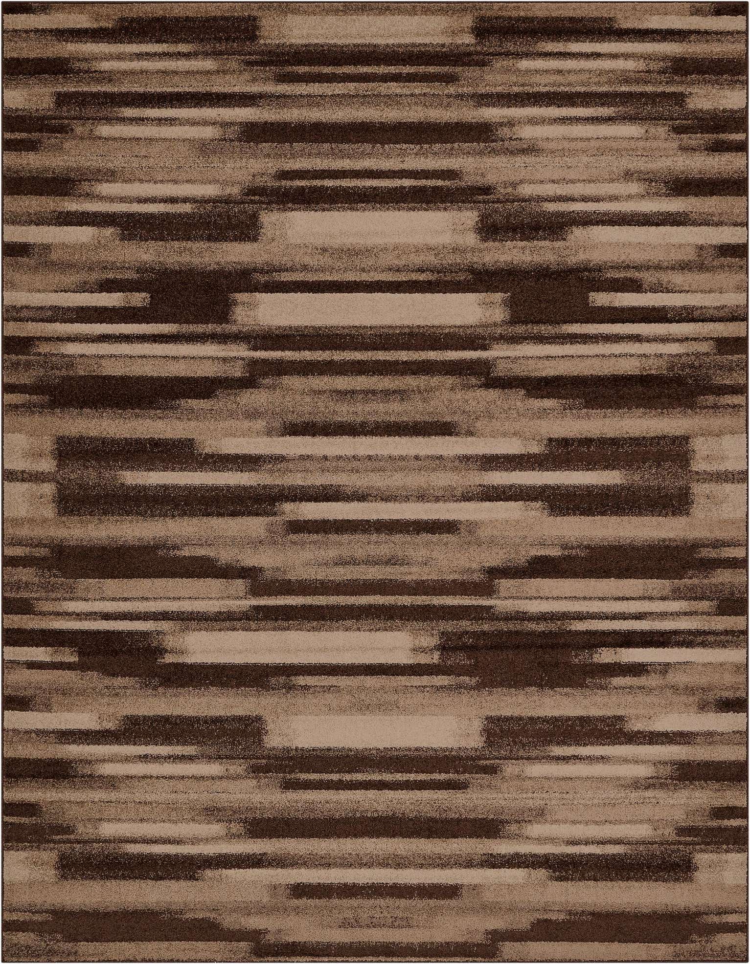 A 9x12 rectangular Rugs.com Equinox area rug featuring an eclectic stripe pattern in varying shades of brown and tan.