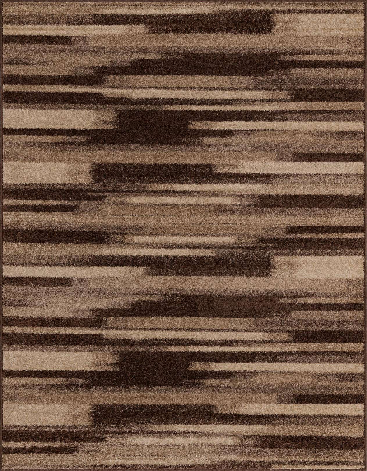 A rectangular 5x8 area rug featuring an eclectic, modern stripe pattern in varying shades of brown and tan.