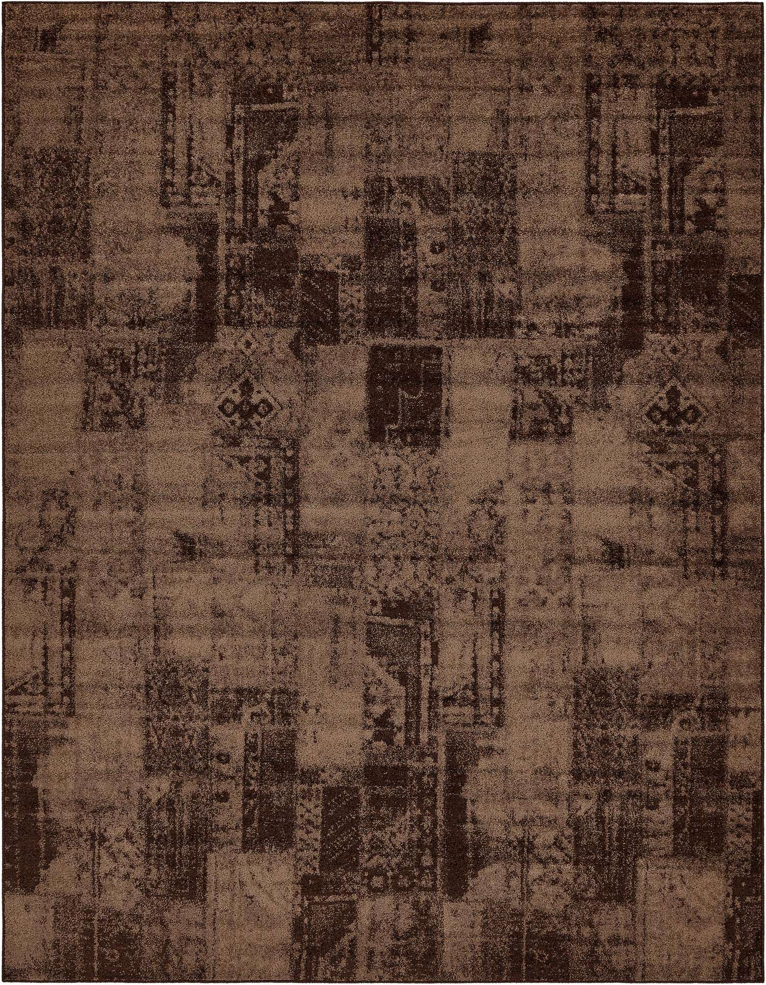 A 9x12 rectangular indoor rug in shades of brown and tan, featuring an abstract Southwestern-inspired pattern.