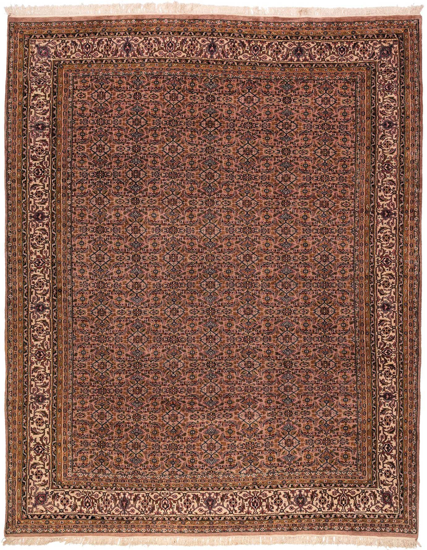 An 8x11 rectangular Farahan rug, featuring a traditional Oriental floral pattern in shades of brown and tan, with a medium pile.