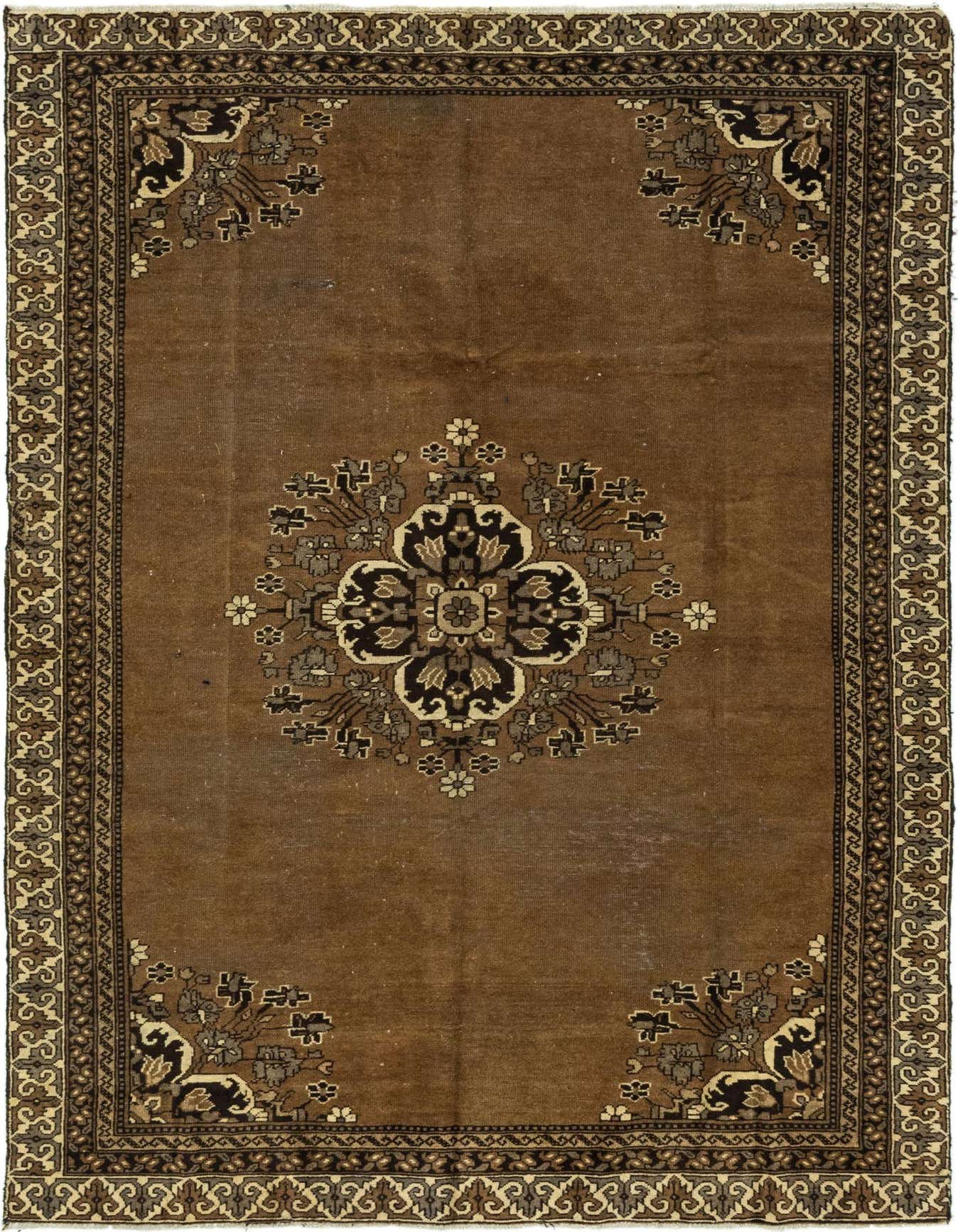 A 6x9 rectangular brown wool rug with a traditional Persian medallion pattern and ornate border.