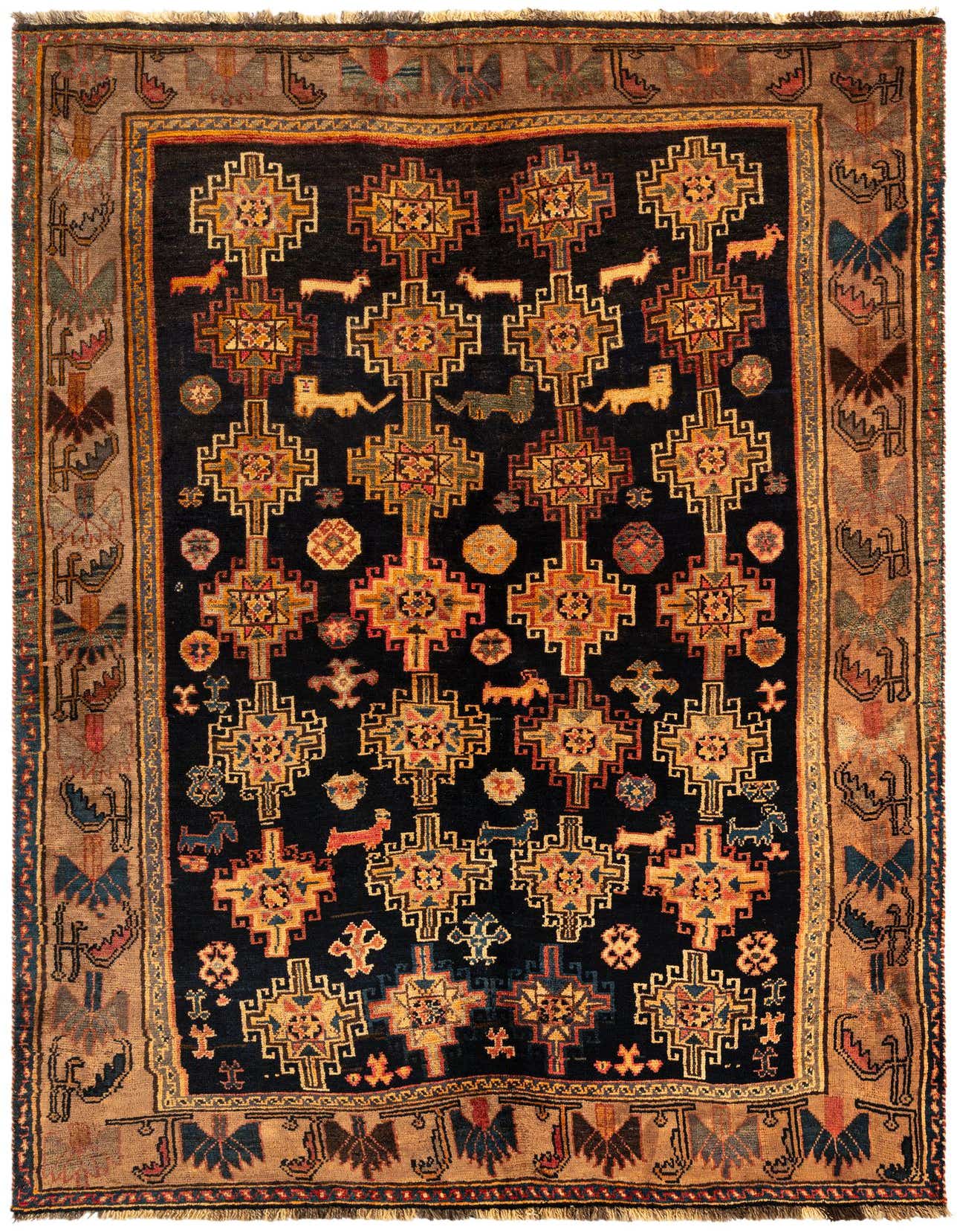 A 5x8 rectangular Gabbeh rug with a dark field, featuring colorful geometric patterns and animal motifs, framed by a tan border.