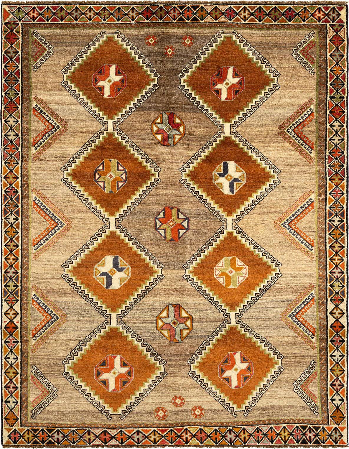 A 5x8 rectangular Gabbeh rug in browns and tans with a Persian modern diamond pattern, suitable for a living room.