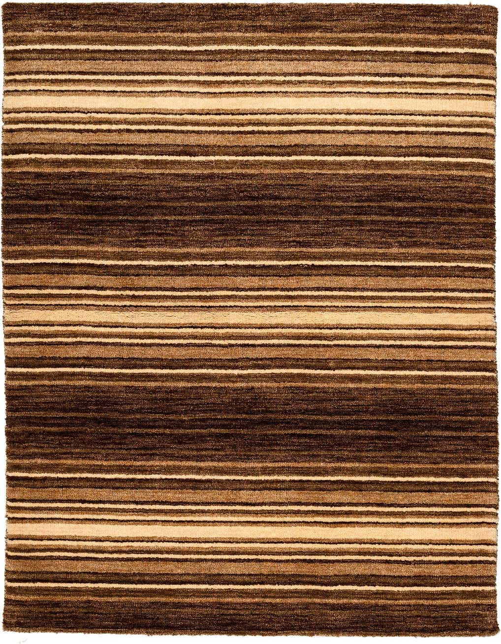 A 3x5 rectangular Gabbeh rug featuring horizontal stripes in varying shades of brown and tan, showcasing its medium pile texture.