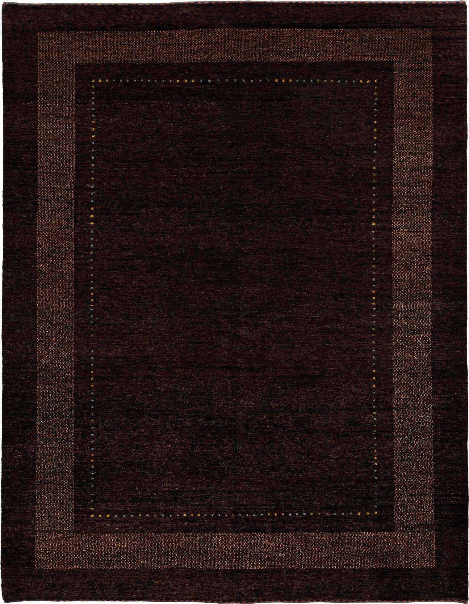 A 4x6 rectangular Gabbeh rug in deep brown with a tan border and subtle multicolored dot accents, suitable for various indoor rooms.