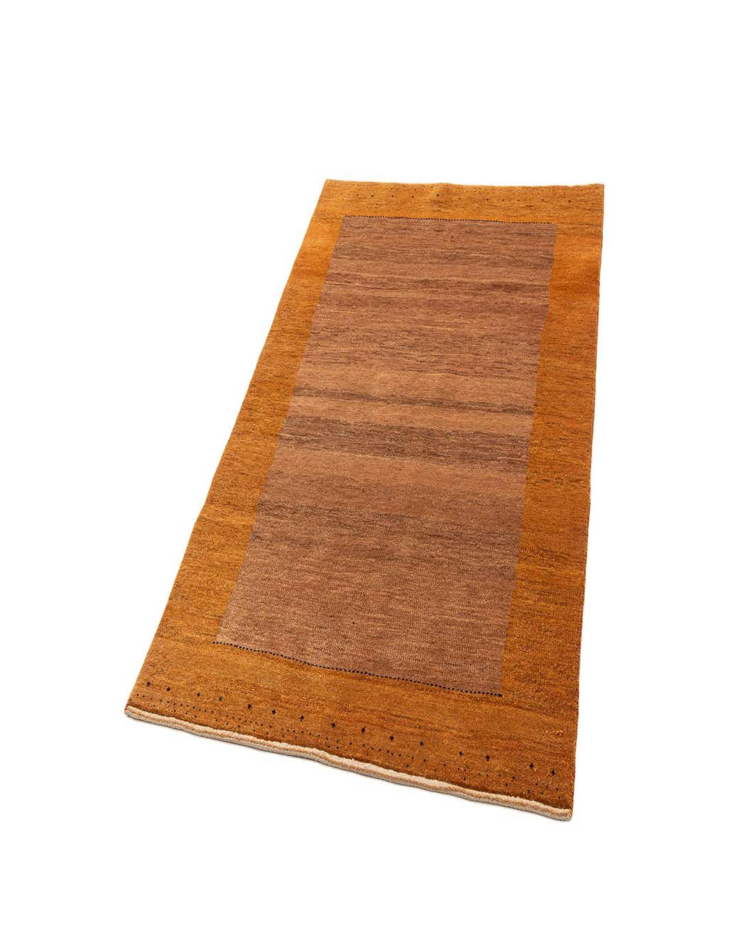 A 4x6 rectangular Gabbeh rug featuring a modern design with a brown center and a tan border, handmade from sheep virgin wool.