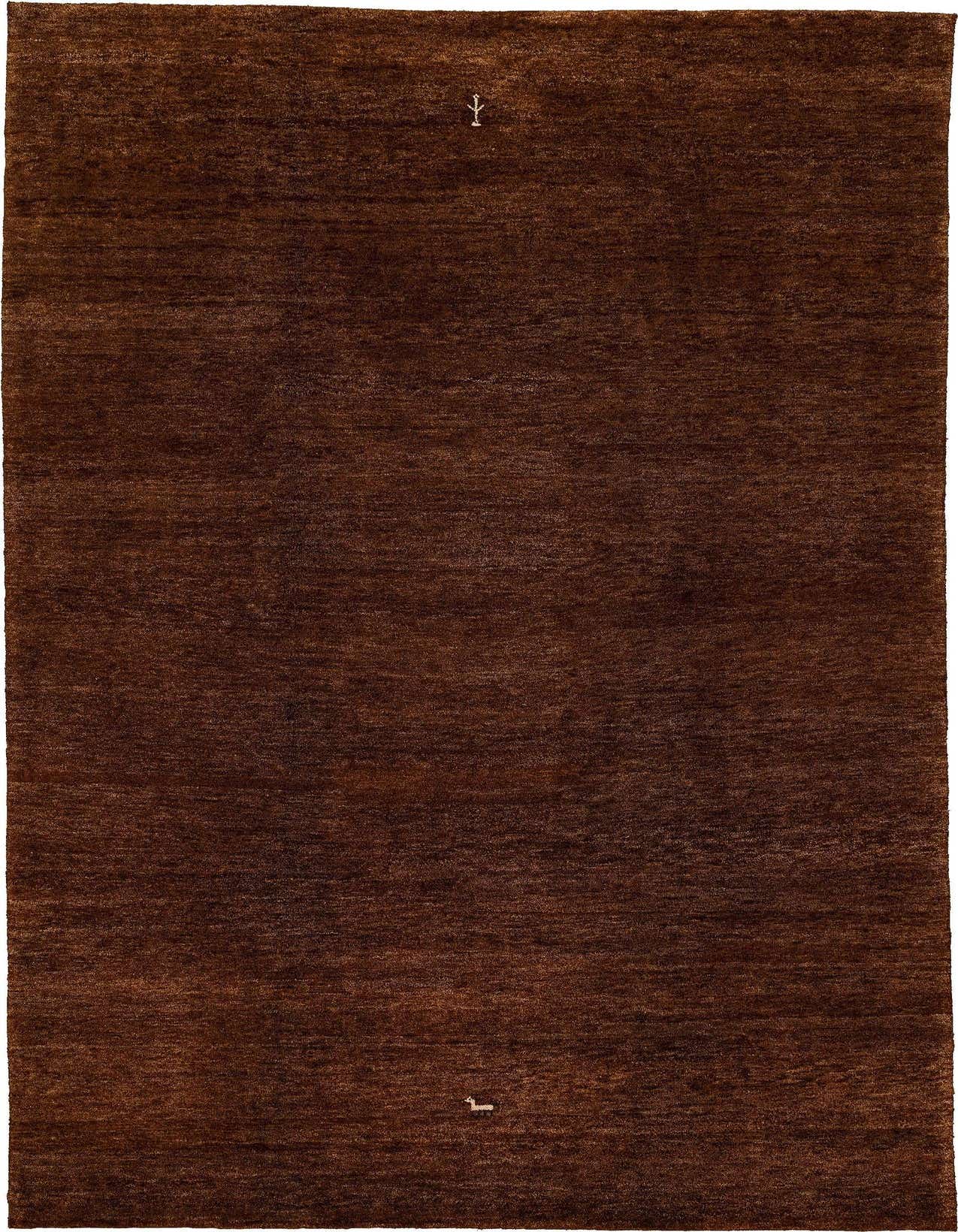 A 6x9 rectangular Gabbeh rug in rich brown sheep virgin wool with a subtle modern pattern, perfect for a living room.