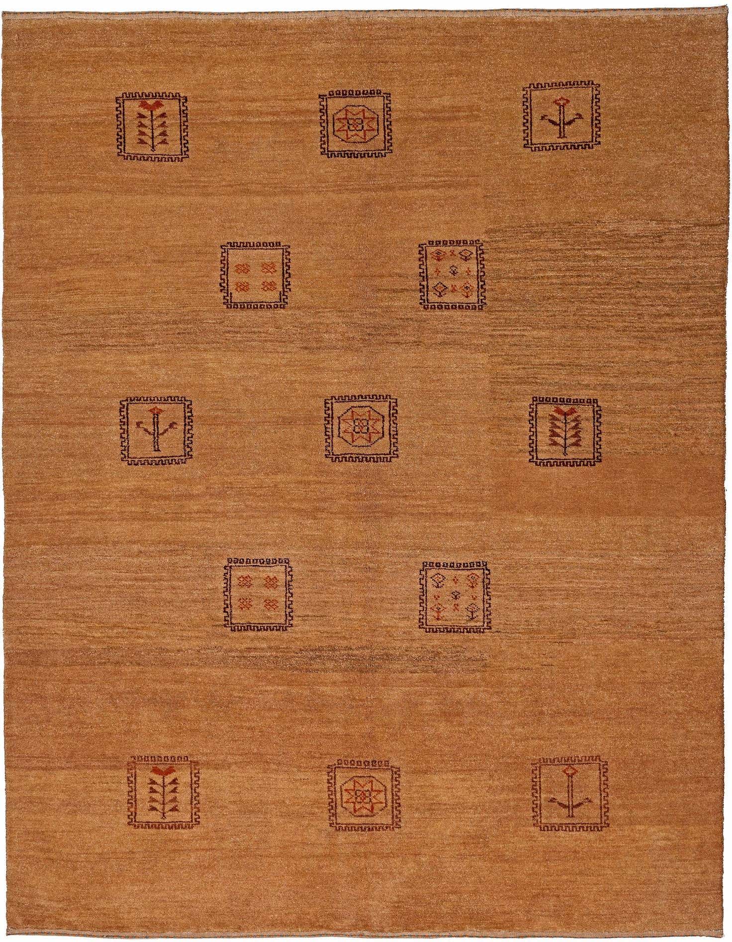 A 4x6 rectangular Gabbeh rug in warm brown and tan, featuring a modern pattern of small, dark geometric and abstract motifs in squares.