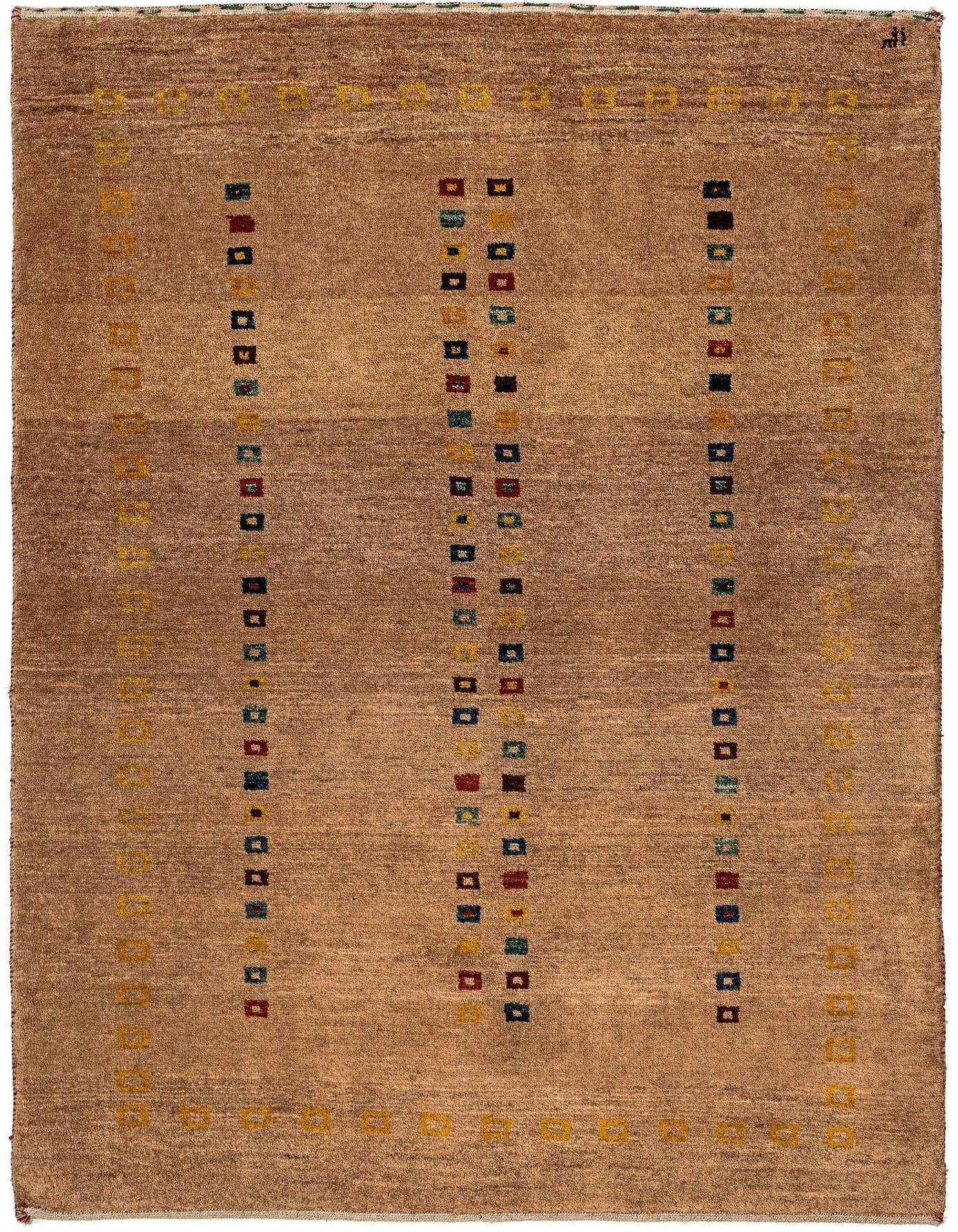 A 3x5 rectangular Gabbeh rug in shades of brown and tan, featuring three vertical columns of colorful squares and a border of yellow squares, ideal for an entryway.