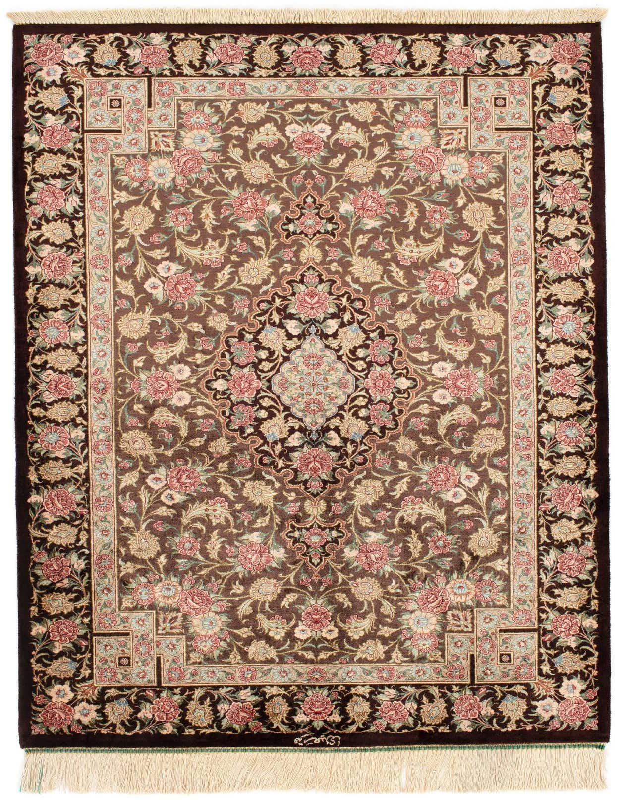 A 3x4 rectangular Ghom Silk Persian rug in browns and tans, featuring intricate floral patterns and a central medallion.