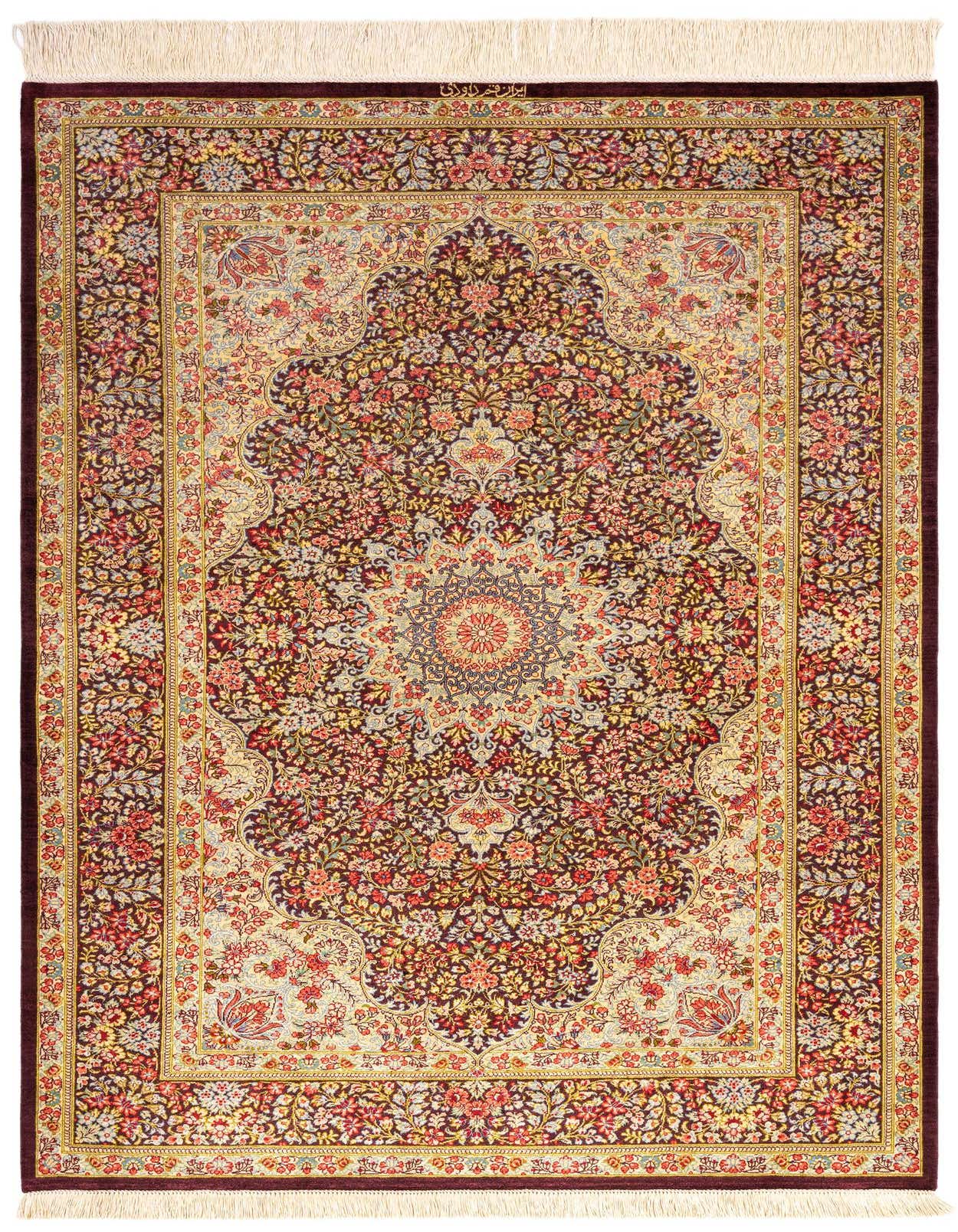 A luxurious 3x5 rectangular Ghom Silk Persian rug featuring a rich brown and tan floral medallion pattern with intricate details.