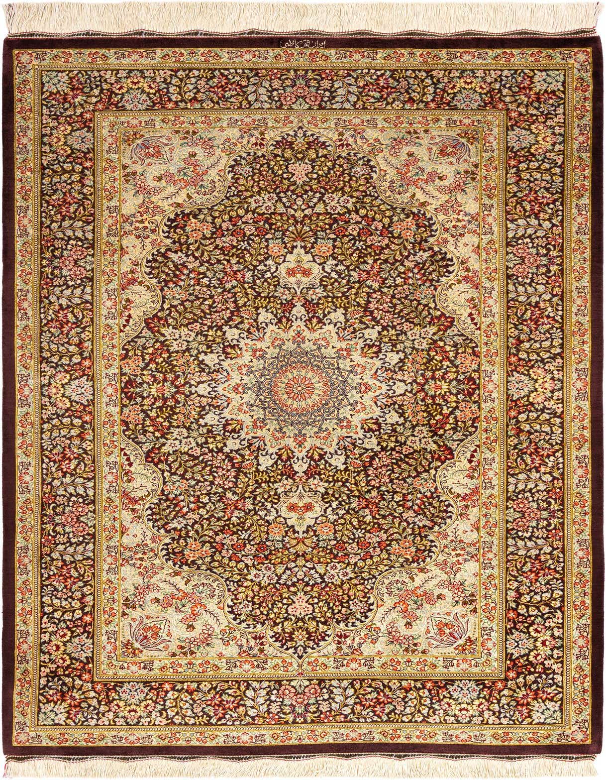 A 3x5 rectangular Ghom Silk Persian rug in rich browns and tans, featuring intricate floral patterns and a central medallion.