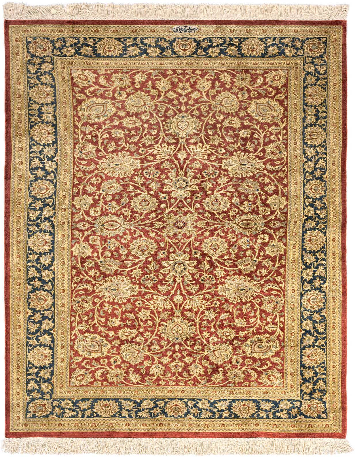 A 3x4 rectangular Ghom Silk rug with a rich brown field and intricate tan Persian floral patterns, bordered by a navy and tan design, featuring white fringes.