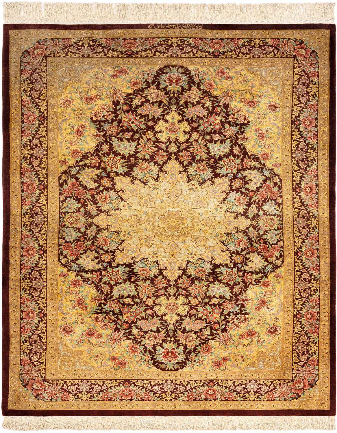 A luxurious 3x5 rectangular Persian rug featuring a complex floral medallion in gold, tan, and red on a deep brown background, with a detailed border.
