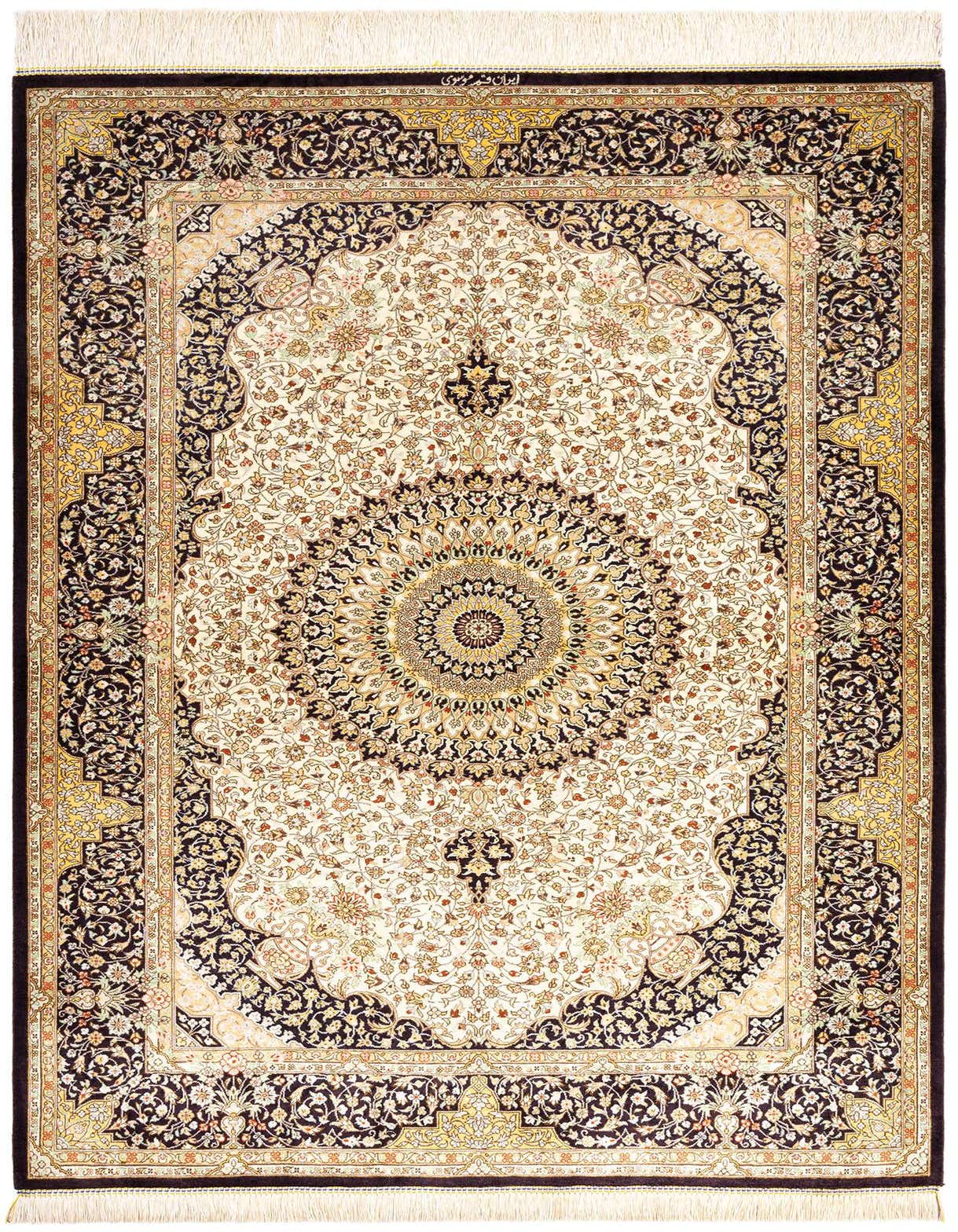 A 3x5 rectangular Ghom Silk Persian rug featuring a detailed medallion and floral pattern in browns and tans.