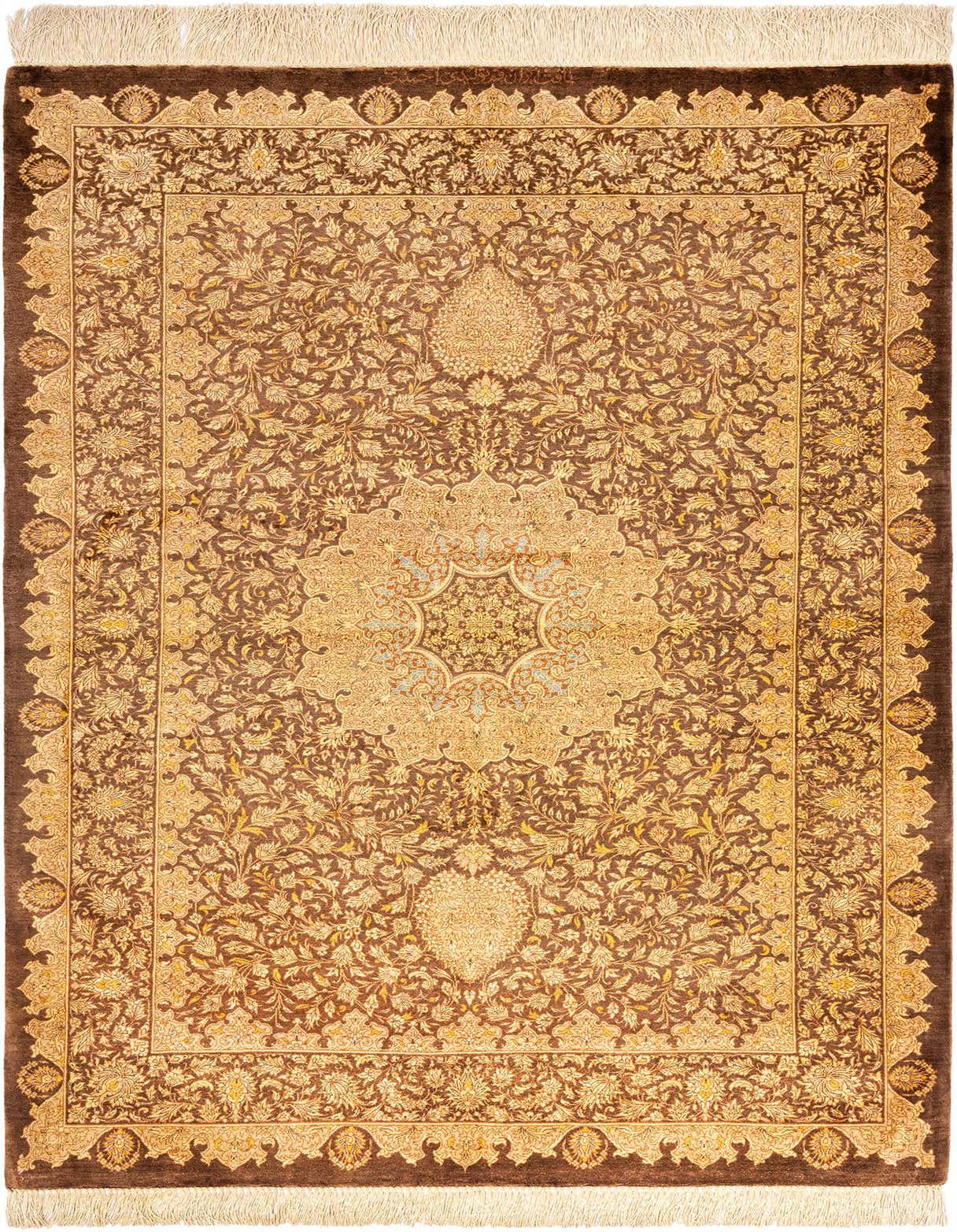A luxurious 3x5 rectangular Ghom Silk Persian rug in rich browns and tans, featuring intricate floral and medallion patterns.