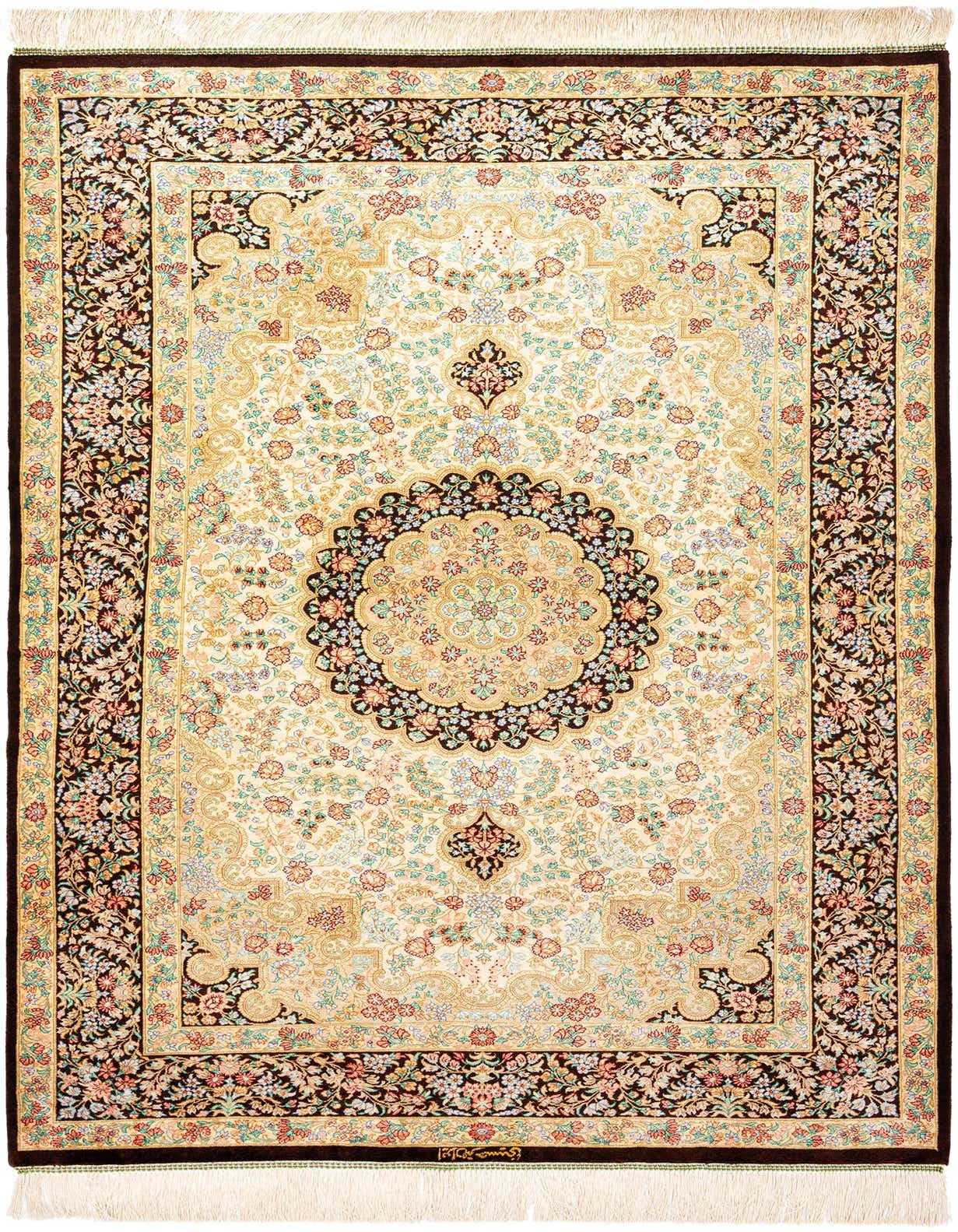 A rectangular 3x5 Ghom Silk Persian rug featuring a tan field with a central medallion and intricate floral patterns in shades of brown, red, and blue, framed by a dark brown border.