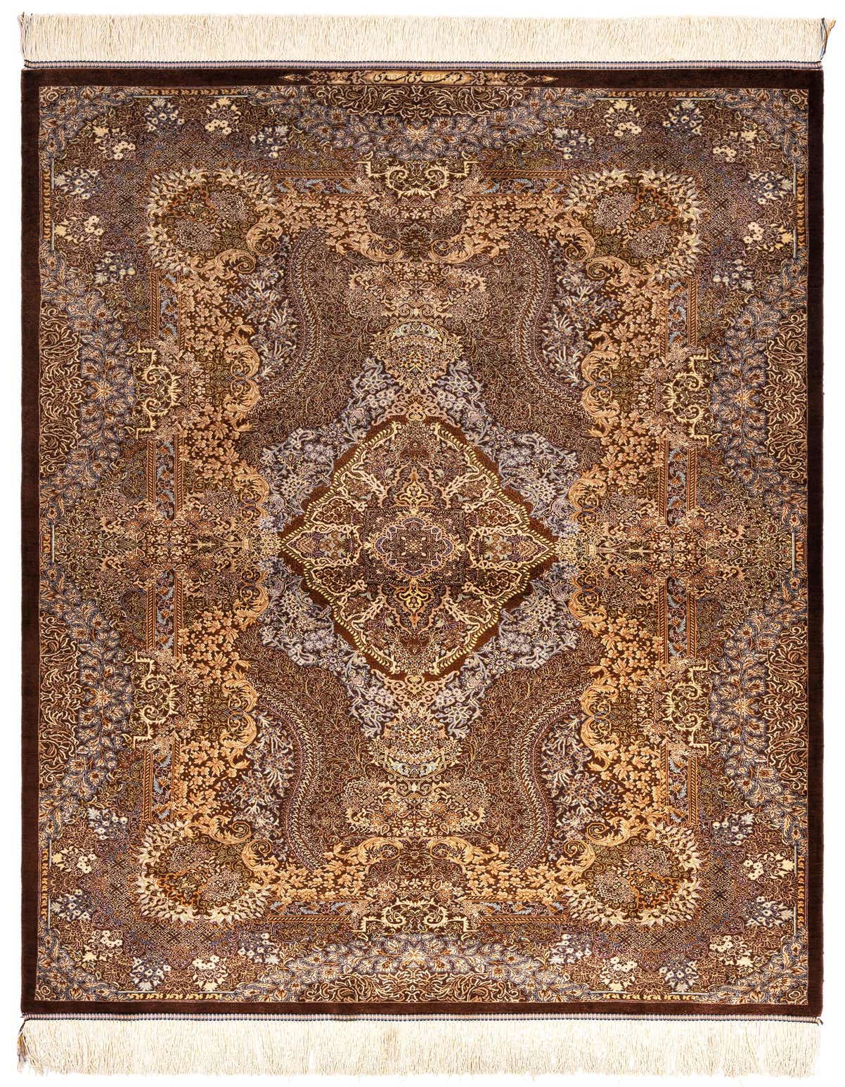 A luxurious 3x5 rectangular Ghom Silk Persian rug featuring intricate brown and tan floral patterns with a central medallion, suitable for indoor spaces.