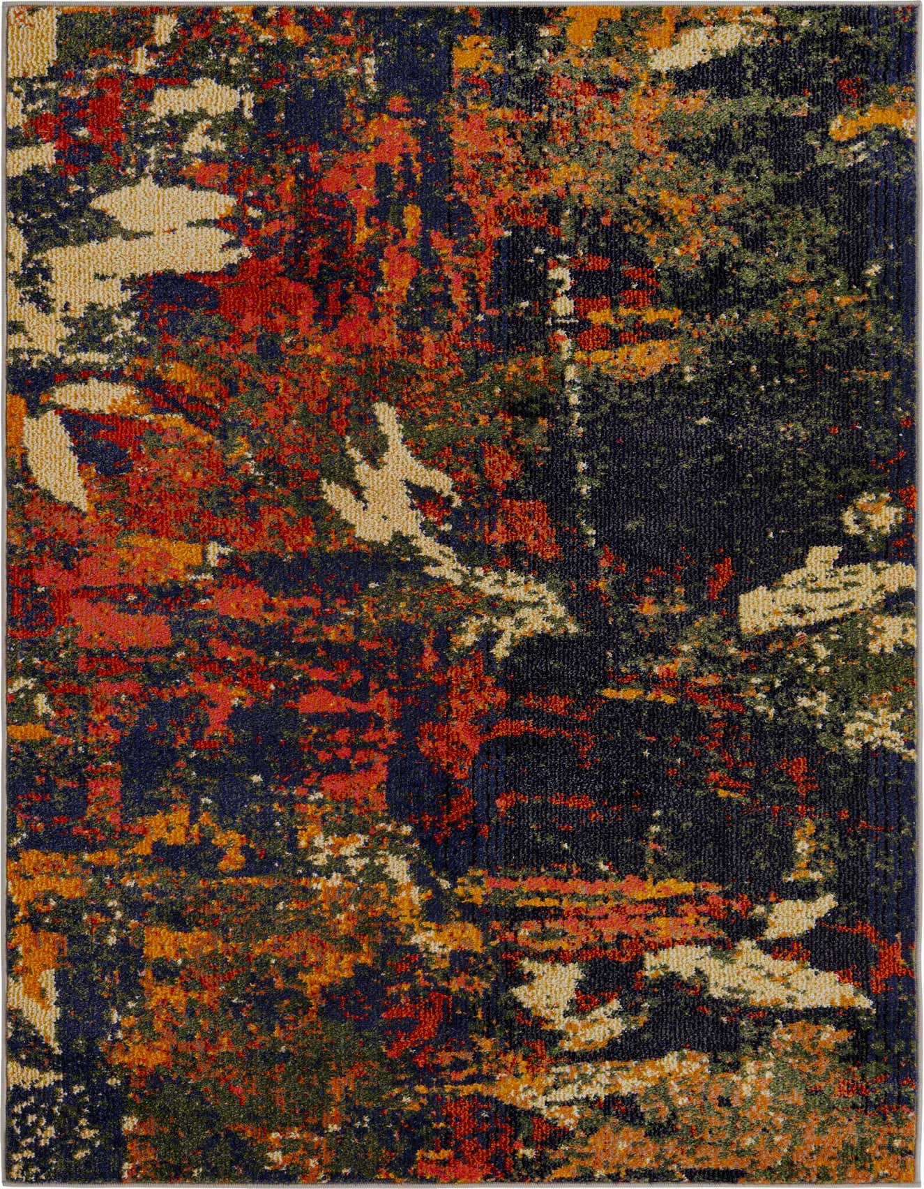 A 4x6 rectangular modern abstract rug featuring a dynamic blend of brown, tan, red, orange, and green hues on a dark background.