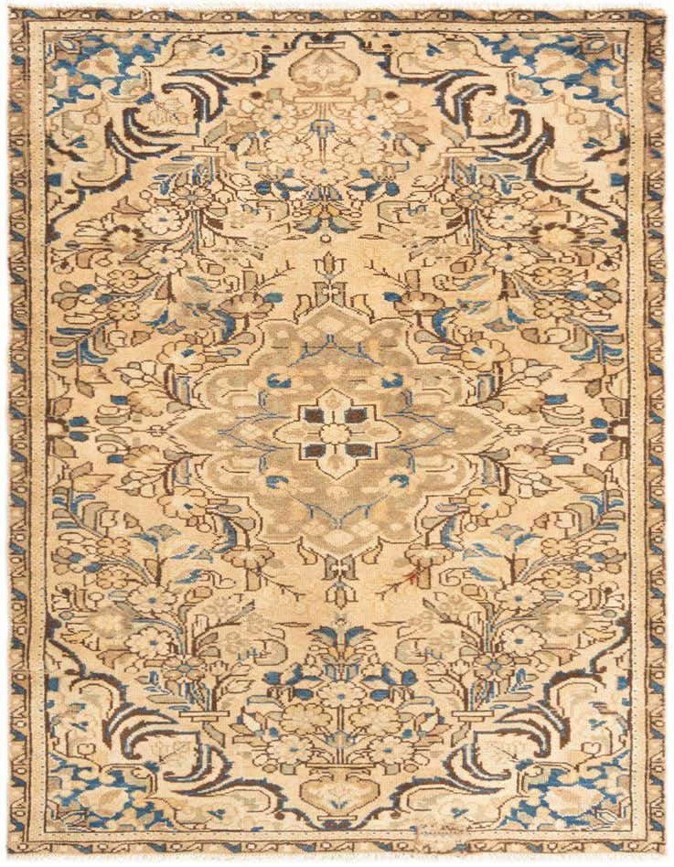 A 3x5 rectangular Hamedan wool rug in shades of brown and tan with intricate tribal and traditional floral patterns.