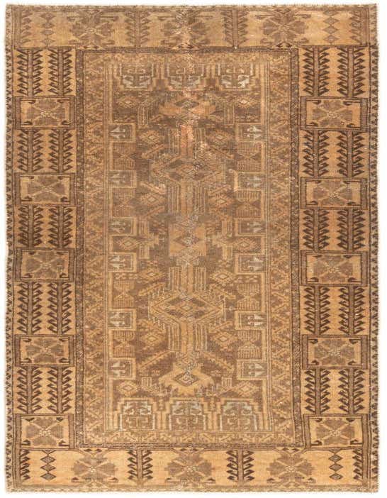 A 3x5 rectangular Hamedan wool rug in shades of brown and tan, featuring a tribal medallion pattern and a detailed border, suitable for an entryway.