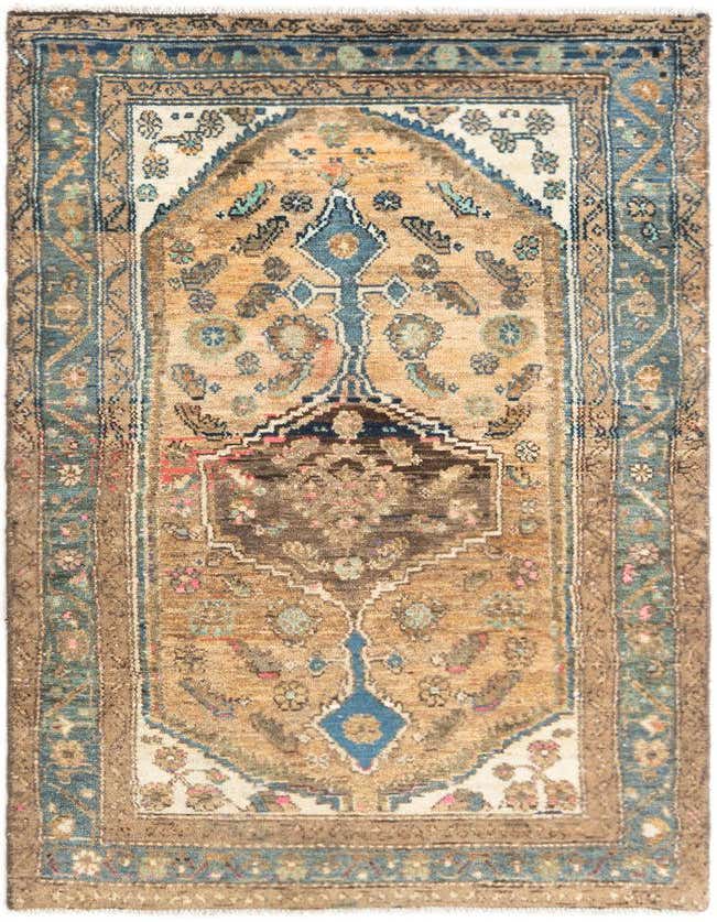 A 3x5 rectangular Hamedan tribal wool rug featuring a central medallion in brown and tan with blue accents, ideal for an entryway.