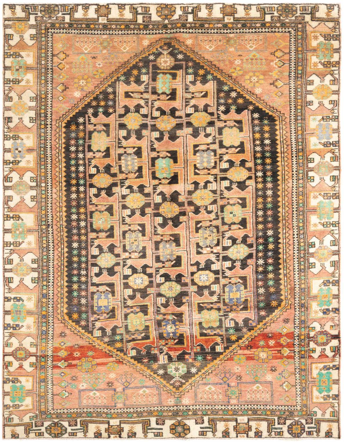 A 3x5 rectangular Hamedan tribal wool rug featuring a central black medallion with colorful geometric patterns, surrounded by a peach-brown field and a cream border.