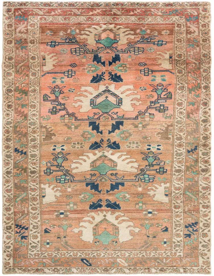 A 3x5 rectangular Hamedan wool rug featuring a tribal and traditional pattern in shades of brown, tan, and muted blue.