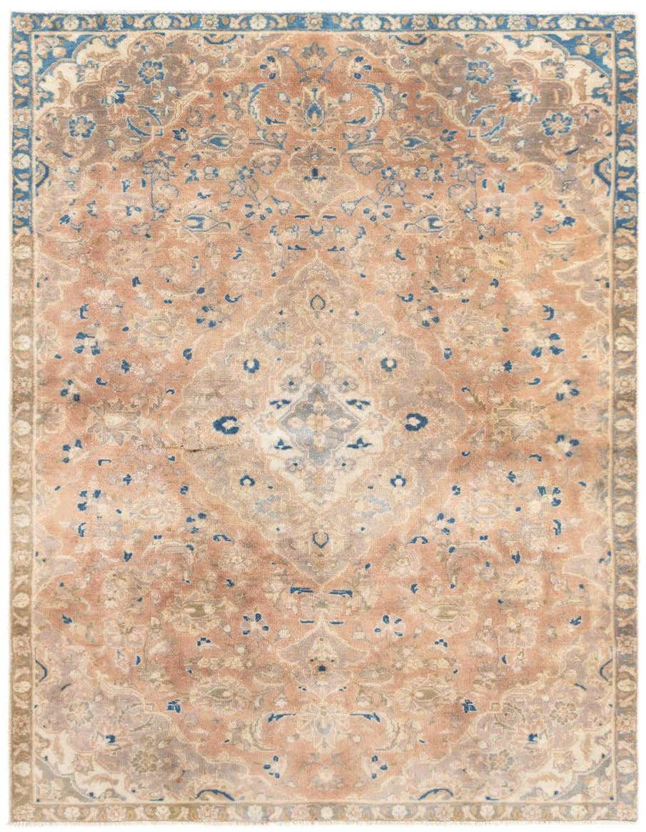 A rectangular 3x5 Hamedan wool rug featuring a distressed tribal pattern in shades of brown, tan, and blue.