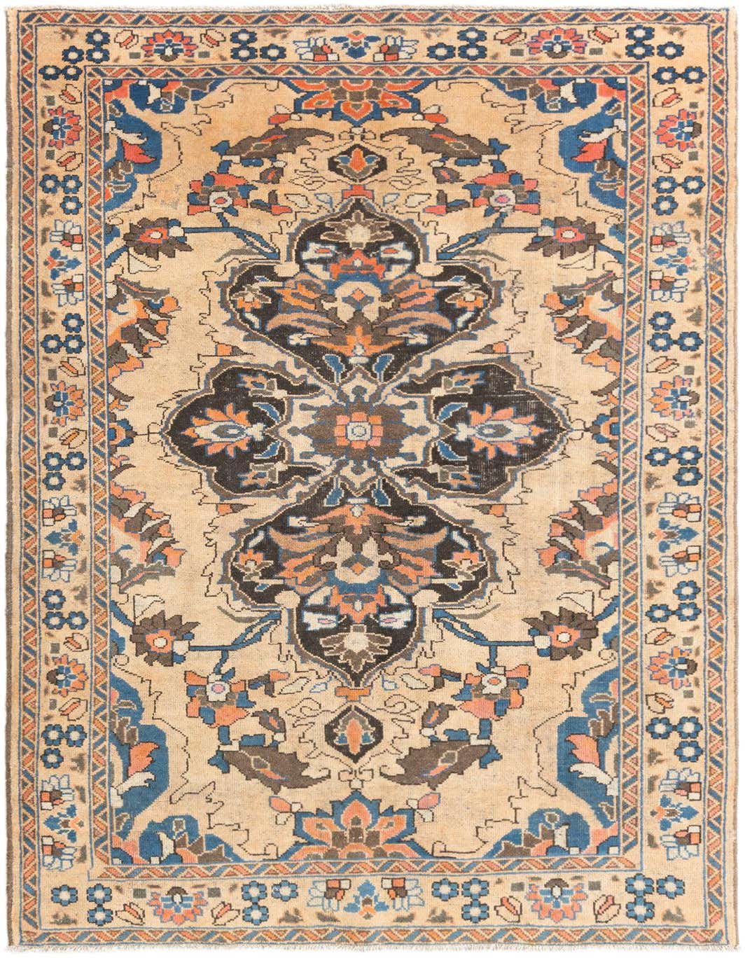 A 3x5 rectangular Hamedan wool rug featuring a traditional tribal pattern in browns, tans, blues, and oranges.