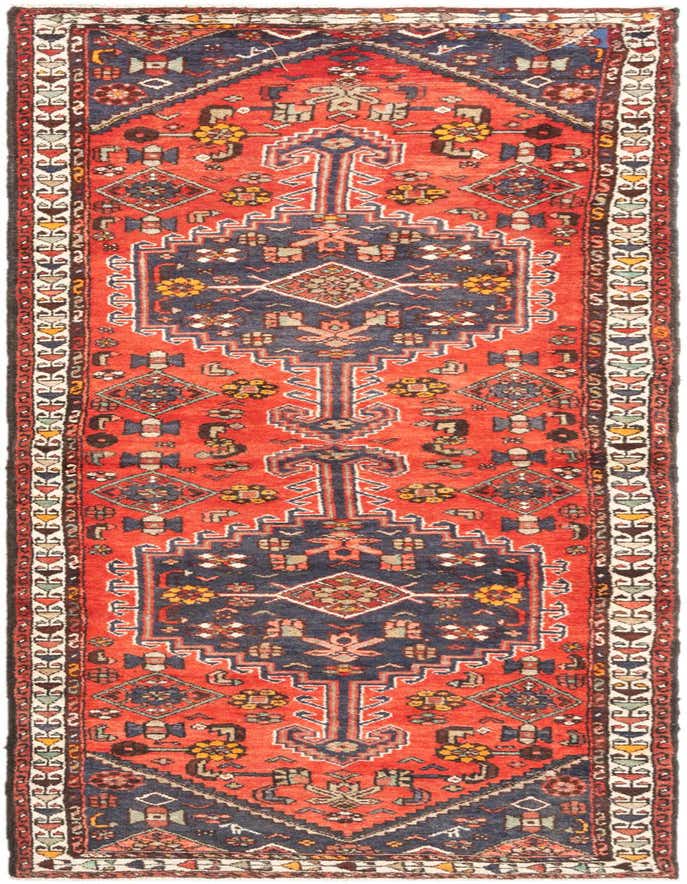 A 3x5 rectangular Hamedan wool rug featuring a traditional tribal pattern in rich browns and tans, suitable for an entryway.