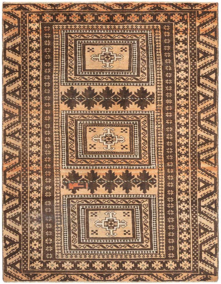 A 4x6 rectangular Hamedan rug featuring a traditional tribal pattern in shades of brown and tan, ideal for an entryway or living room.