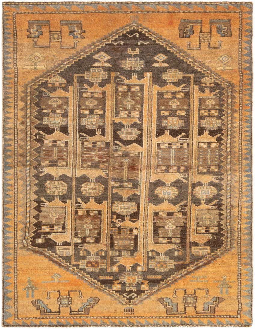 A 3x5 rectangular Hamedan wool rug featuring a tribal, traditional pattern in shades of brown, tan, and subtle blue.