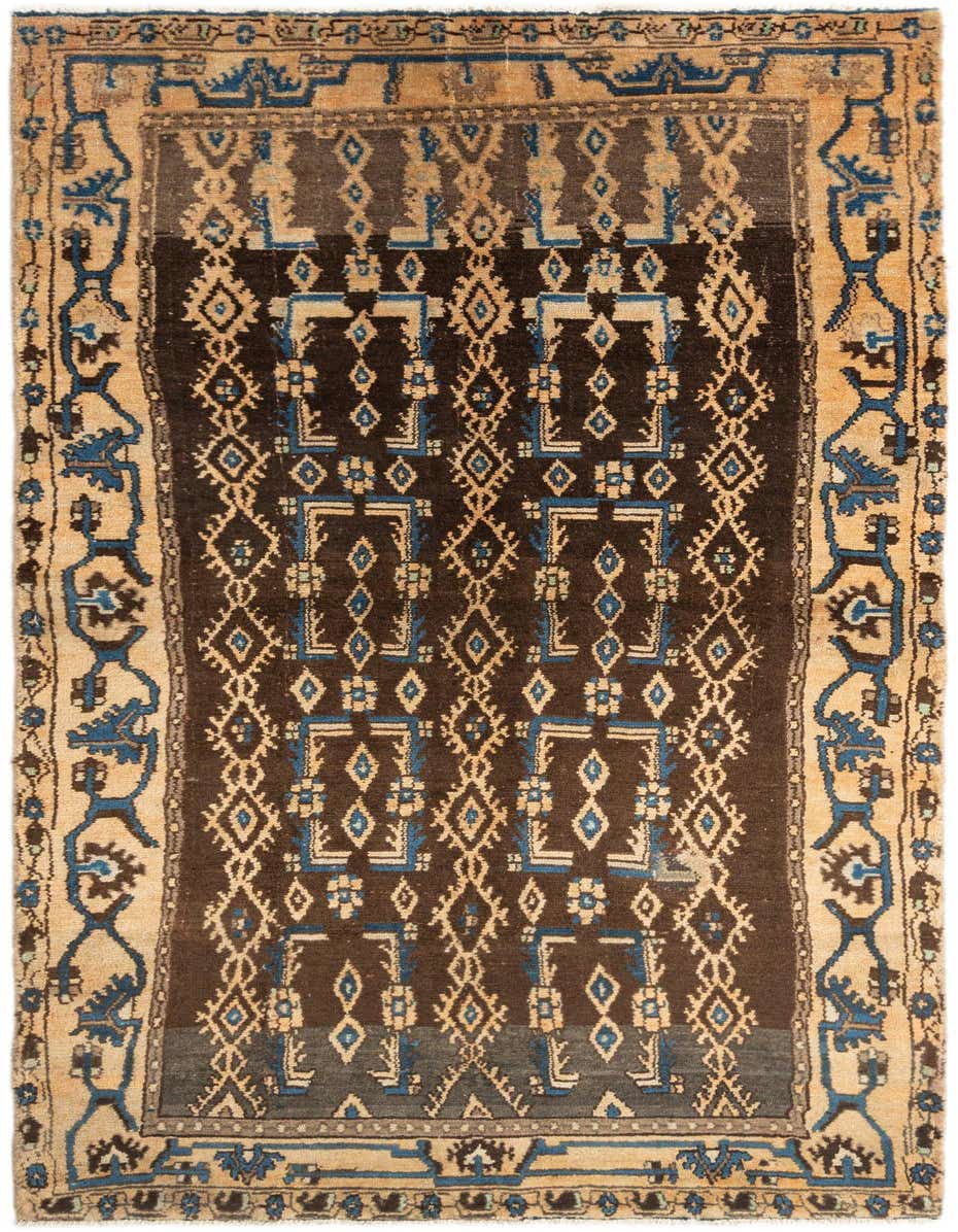 A 3x5 rectangular Hamedan wool rug with a tribal pattern in shades of brown, tan, and blue.