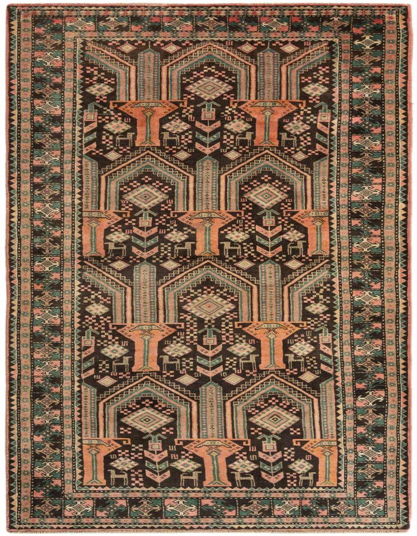 A 3x5 rectangular Hamedan wool rug featuring a tribal pattern in browns, tans, and muted pinks, ideal for an entryway.