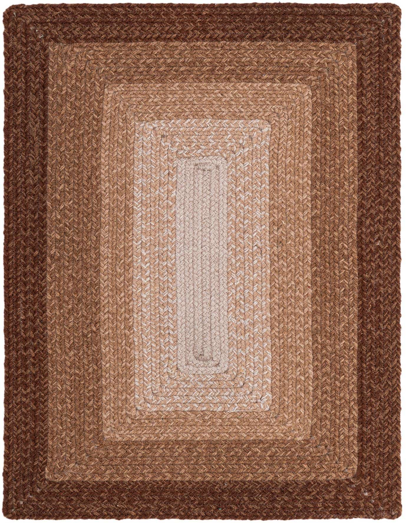 A 2x3 rectangular hand-braided wool rug featuring a modern gradient pattern in varying shades of brown and tan.