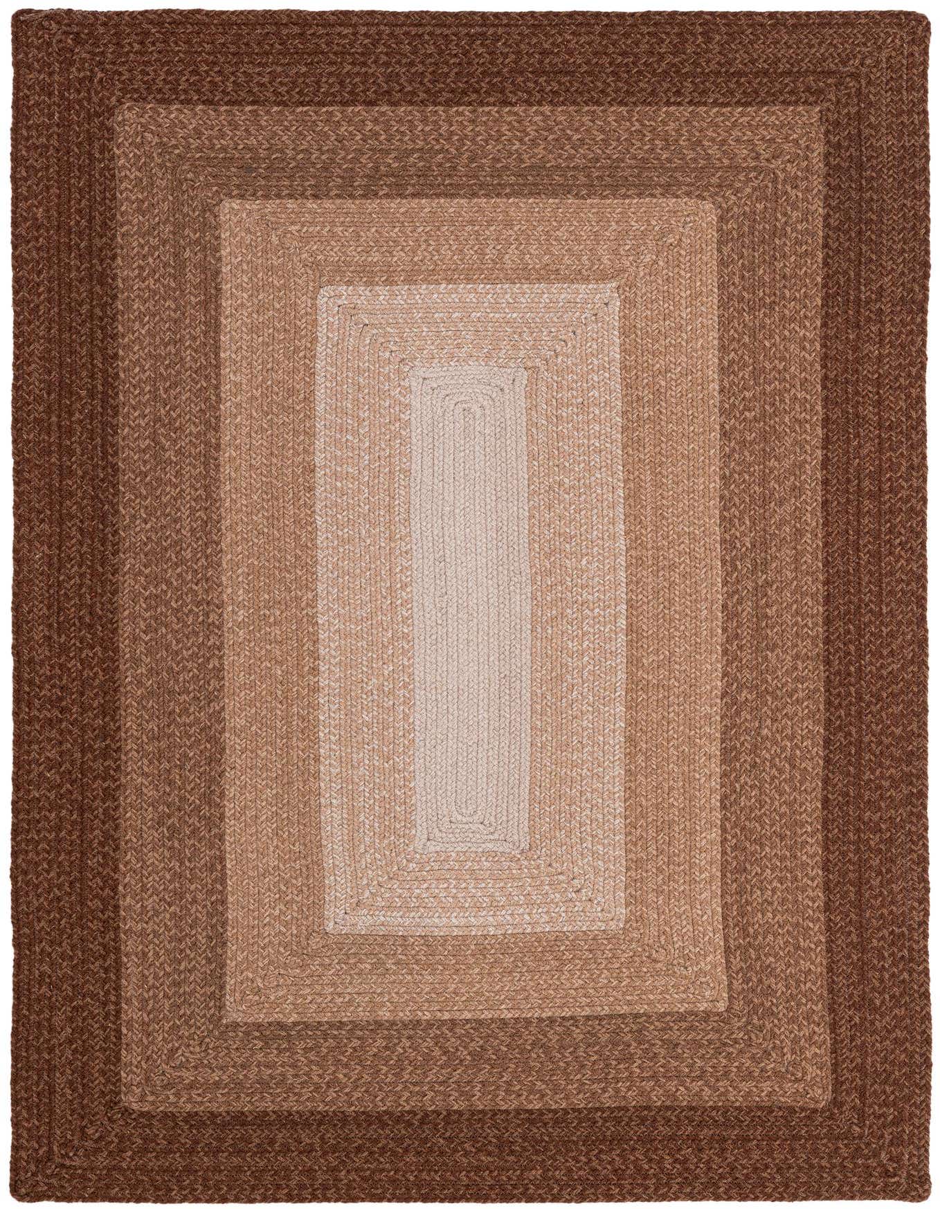 A 4x6 rectangular braided wool rug featuring an ombre design with shades of brown and tan.