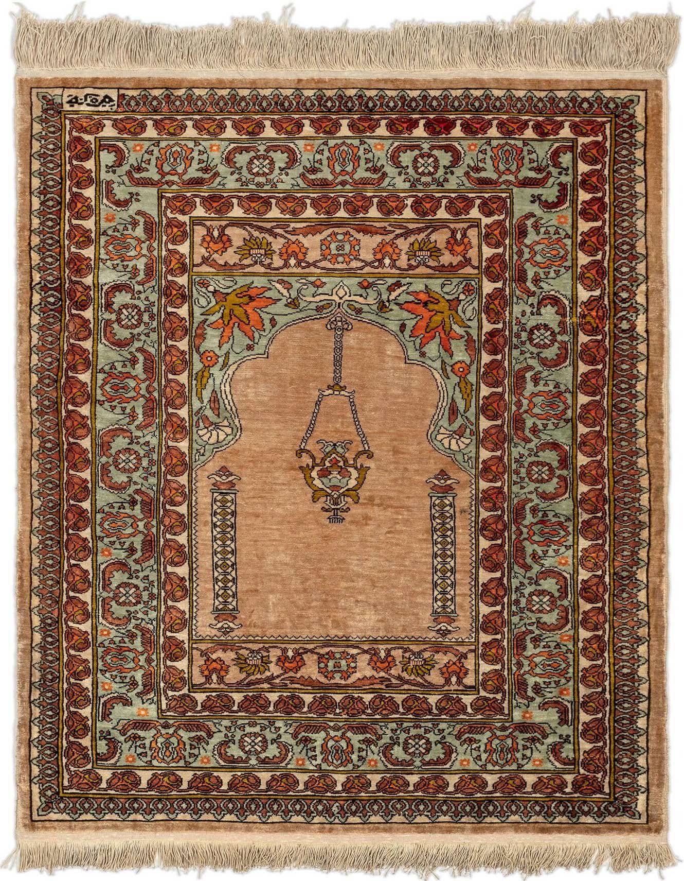 A 2x3 rectangular Hereke Silk rug featuring a traditional Persian design in shades of brown, tan, and muted teal, with intricate floral and leaf motifs.