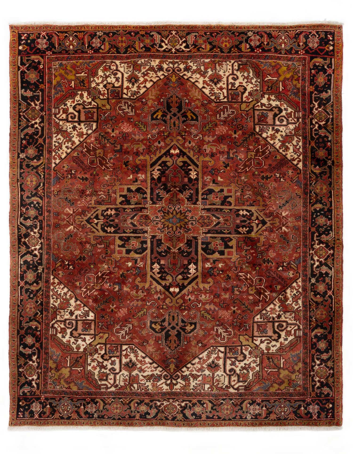 A rectangular 8x11 Heriz rug featuring a central medallion and intricate Persian patterns in rich browns, tans, and deep reds, suitable for a living room.