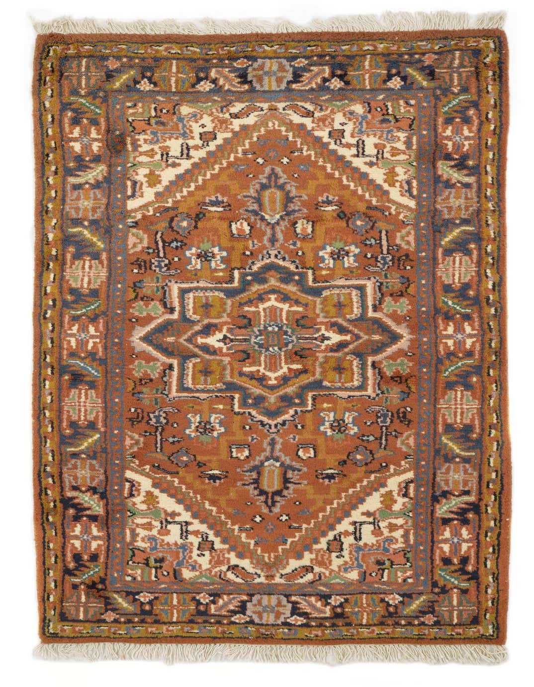 A 3x5 rectangular Heriz Persian rug in warm browns and tans, featuring intricate traditional patterns and fringed ends, ideal for an entryway.